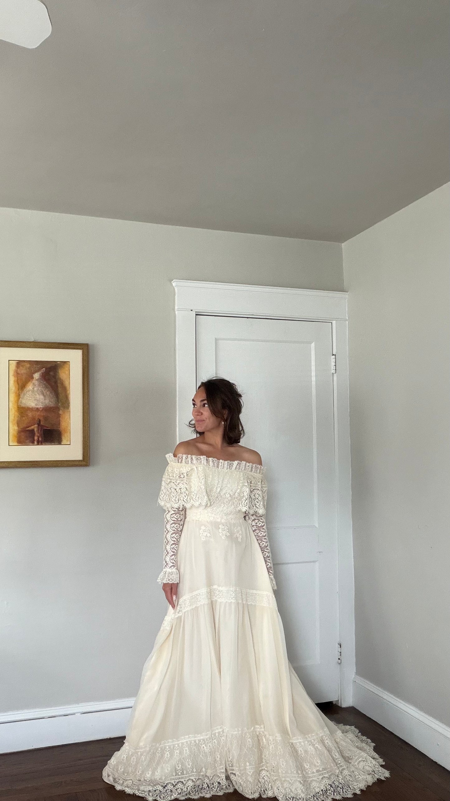 Off-the-Shoulder Cream Lace Detail Wedding Gown with Train
