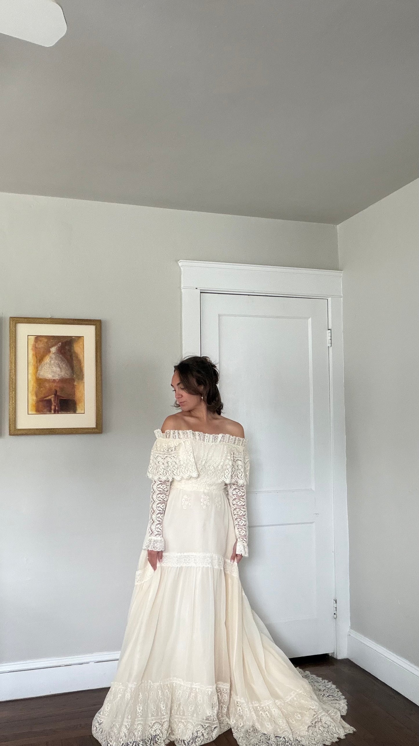 Off-the-Shoulder Cream Lace Detail Wedding Gown with Train