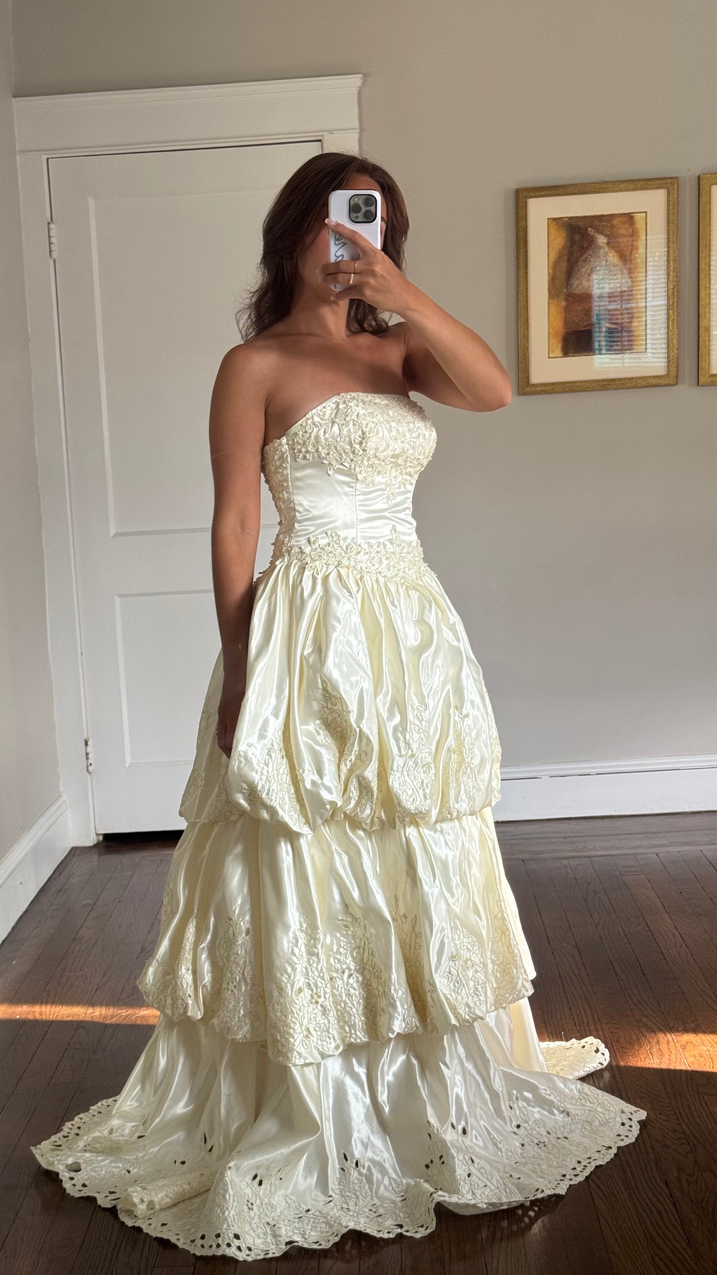 Strapless Basque Waist Embellished Tiered Wedding Gown