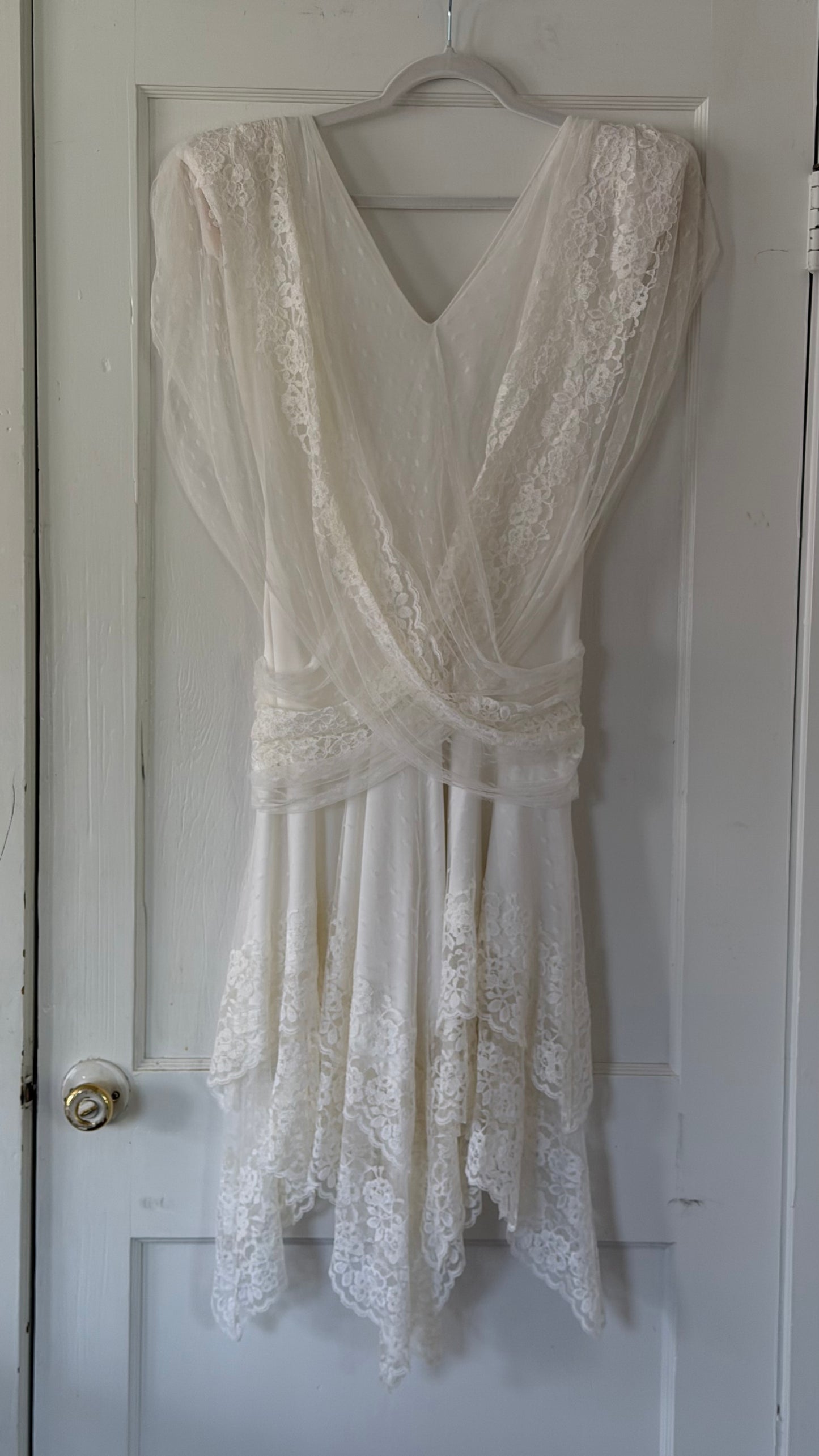 Draped Asymmetrical Swiss Dot & Lace Dress
