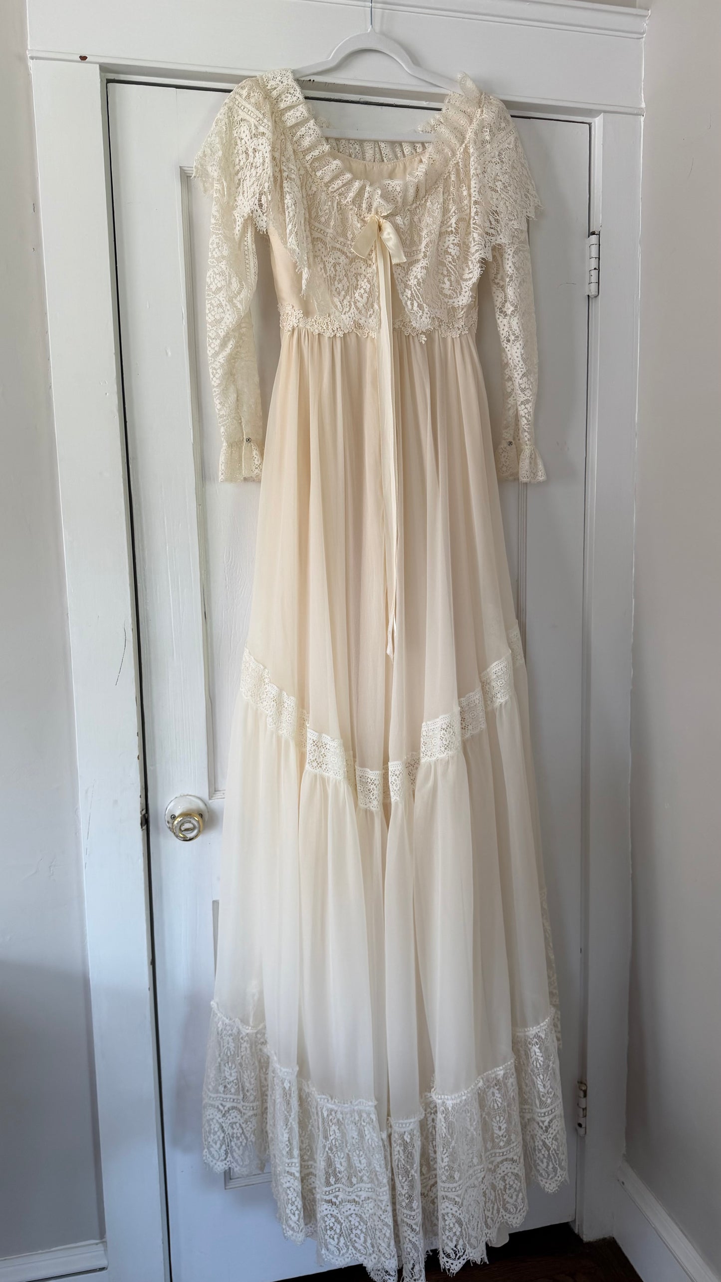 Off-the-Shoulder Cream Lace Detail Wedding Gown with Train