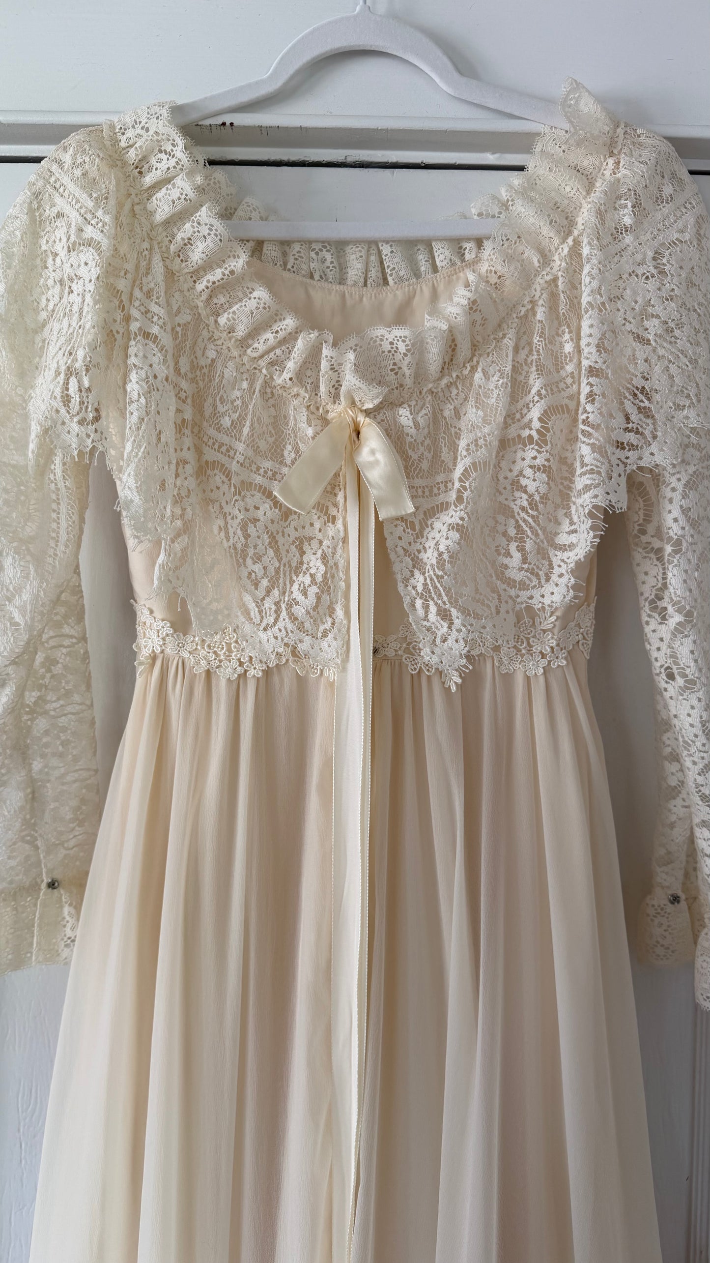 Off-the-Shoulder Cream Lace Detail Wedding Gown with Train