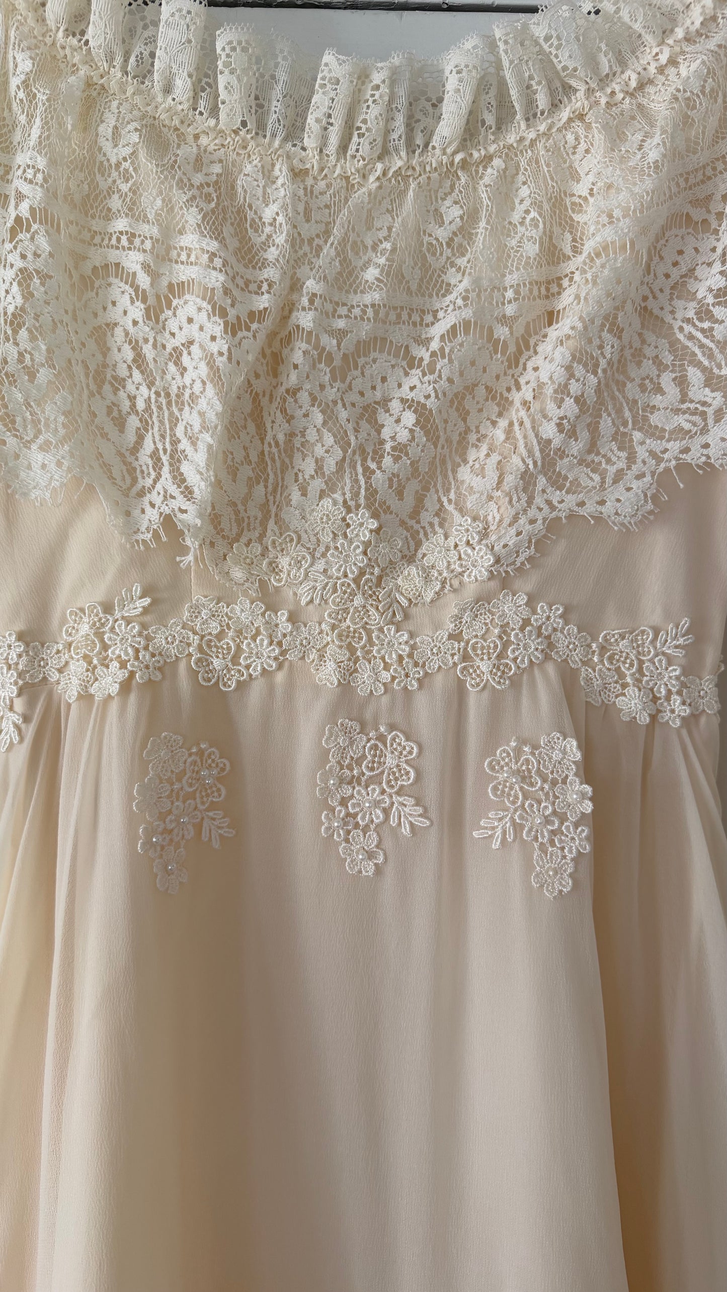 Off-the-Shoulder Cream Lace Detail Wedding Gown with Train