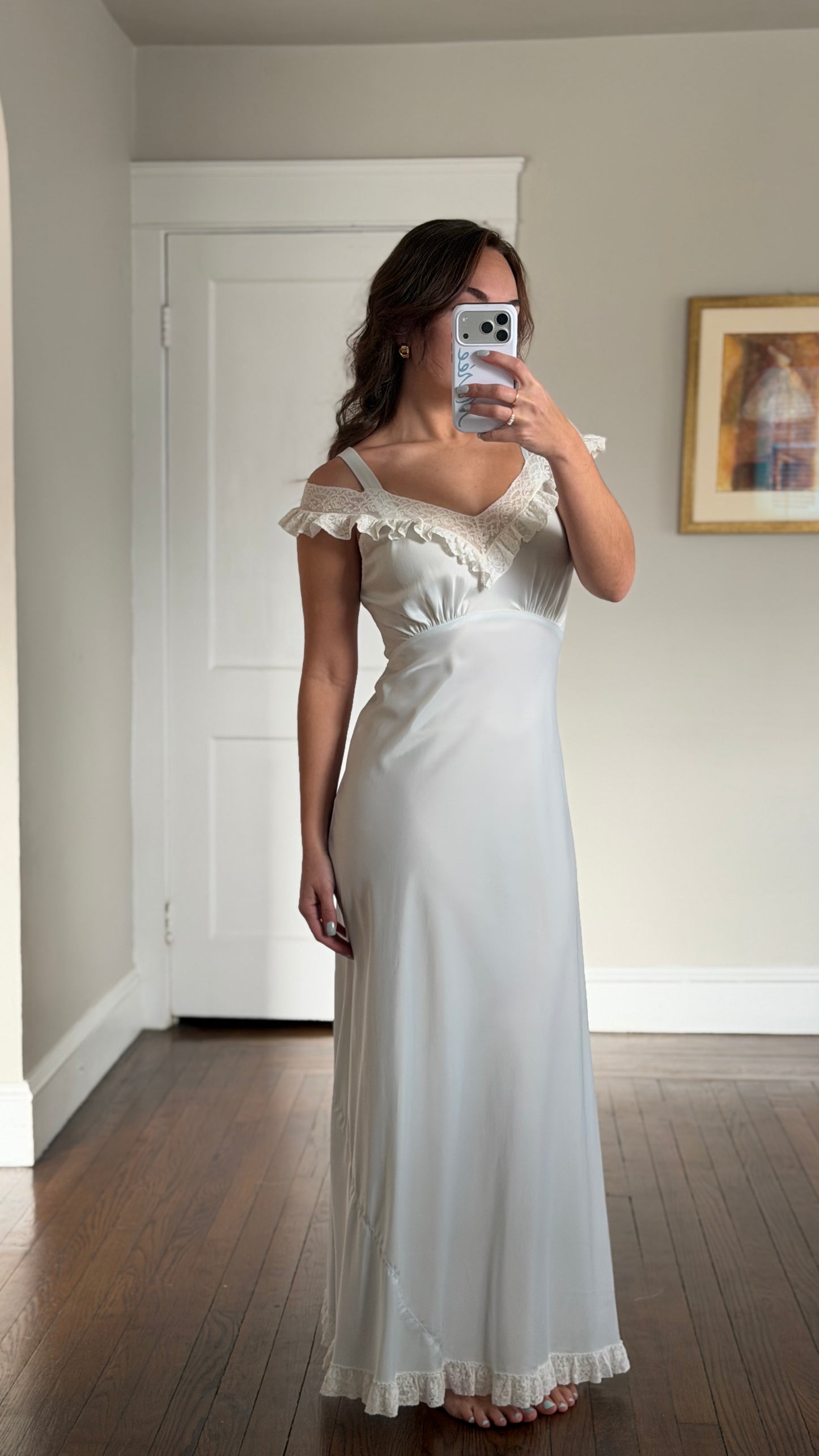 50s Pale Blue Bias Cut Off-The-Shoulder Slip