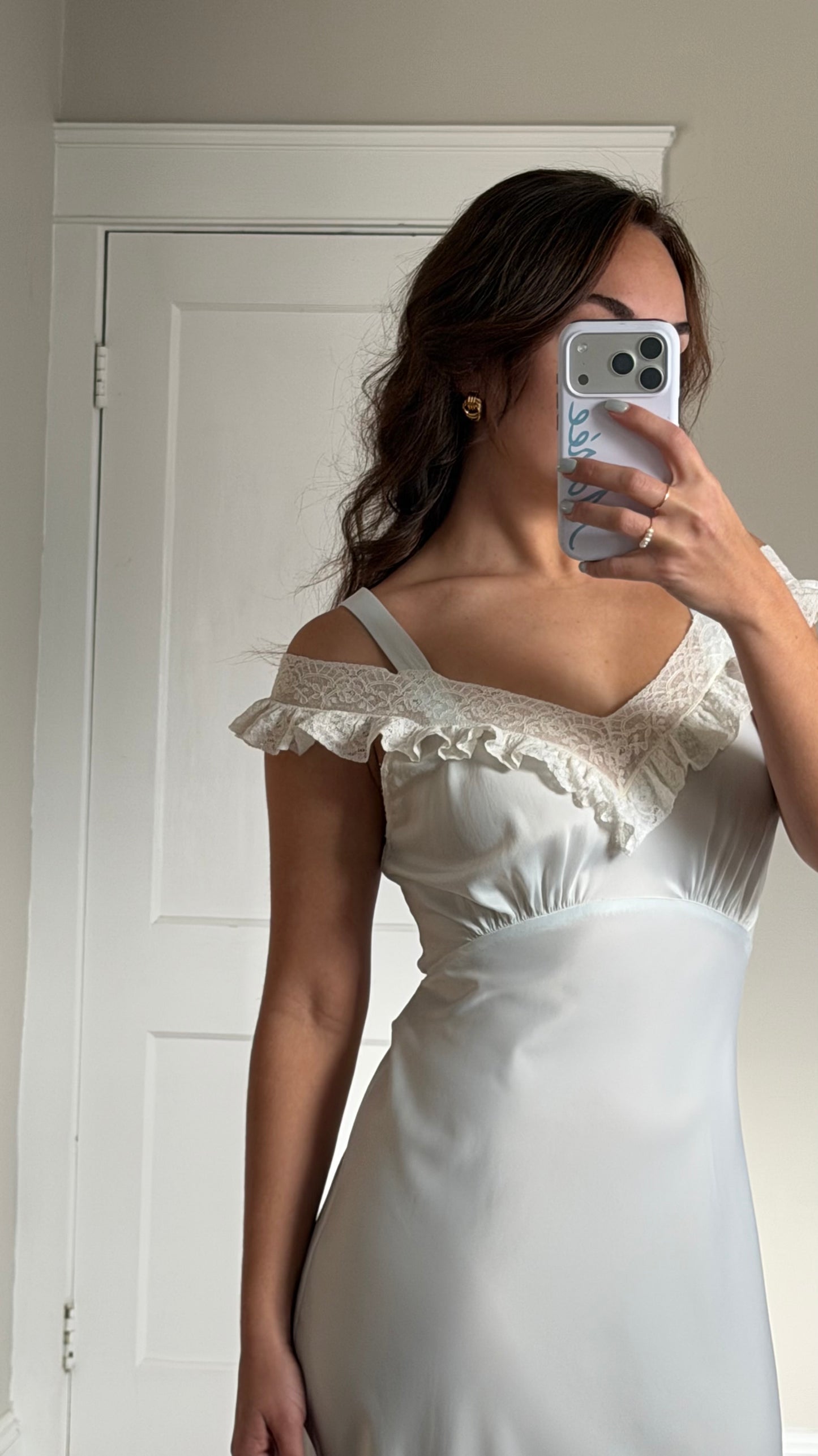 50s Pale Blue Bias Cut Off-The-Shoulder Slip
