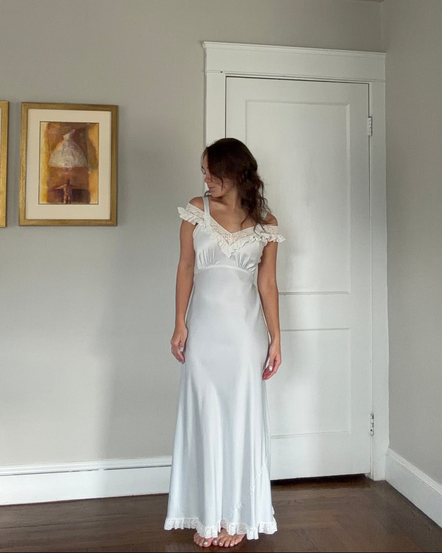 50s Pale Blue Bias Cut Off-The-Shoulder Slip