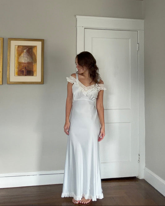 50s Pale Blue Bias Cut Off-The-Shoulder Slip