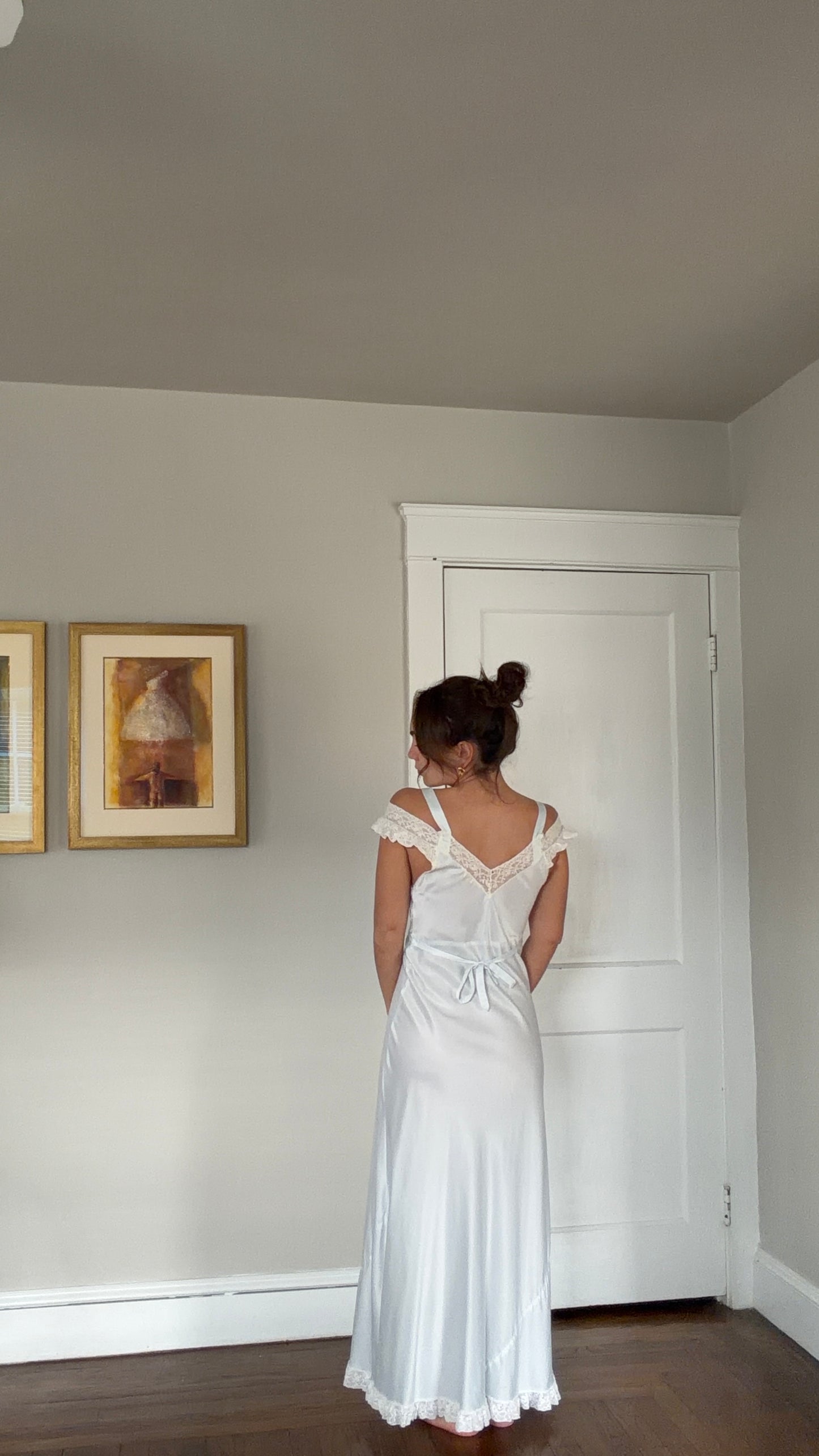 50s Pale Blue Bias Cut Off-The-Shoulder Slip