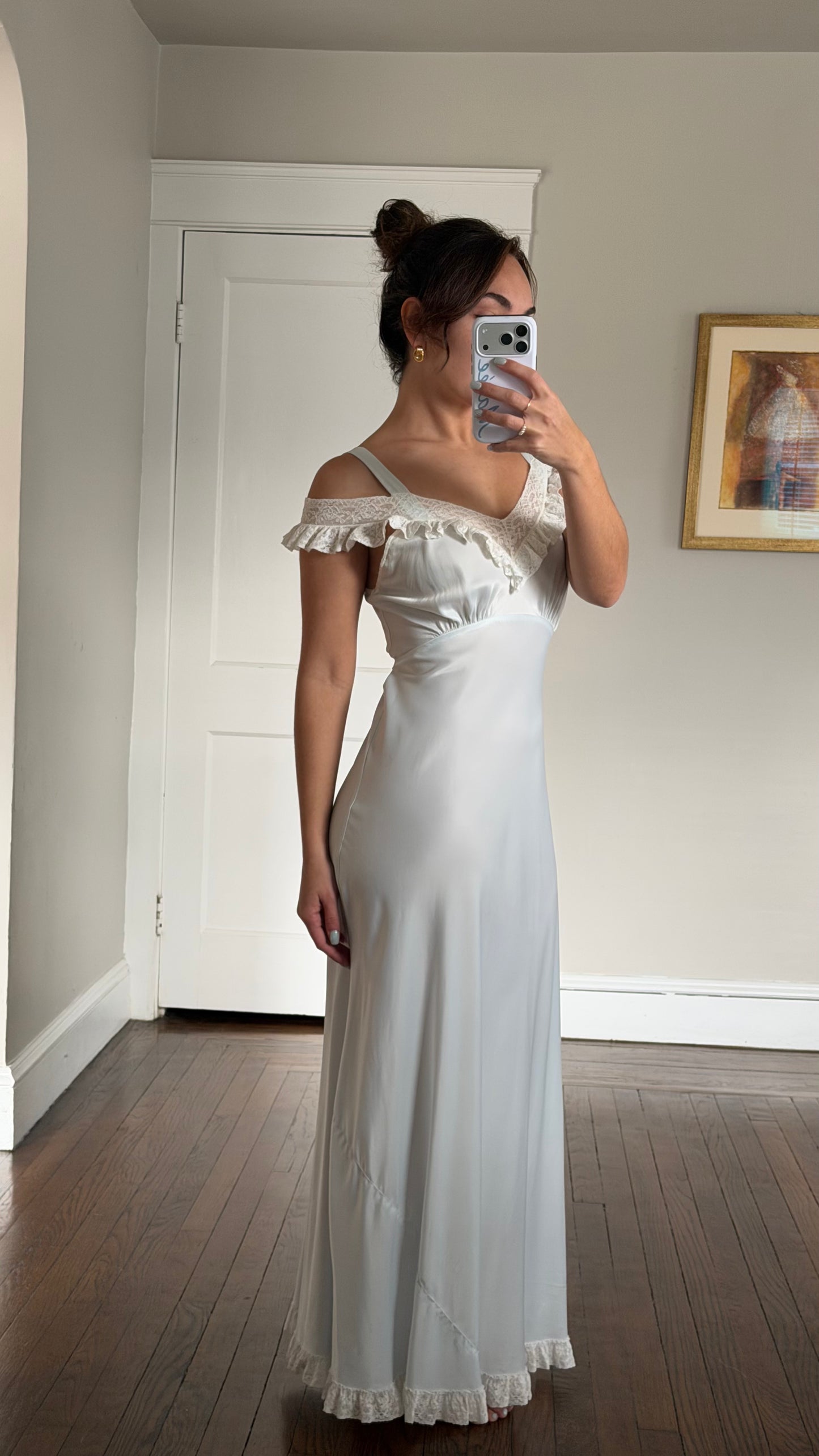 50s Pale Blue Bias Cut Off-The-Shoulder Slip