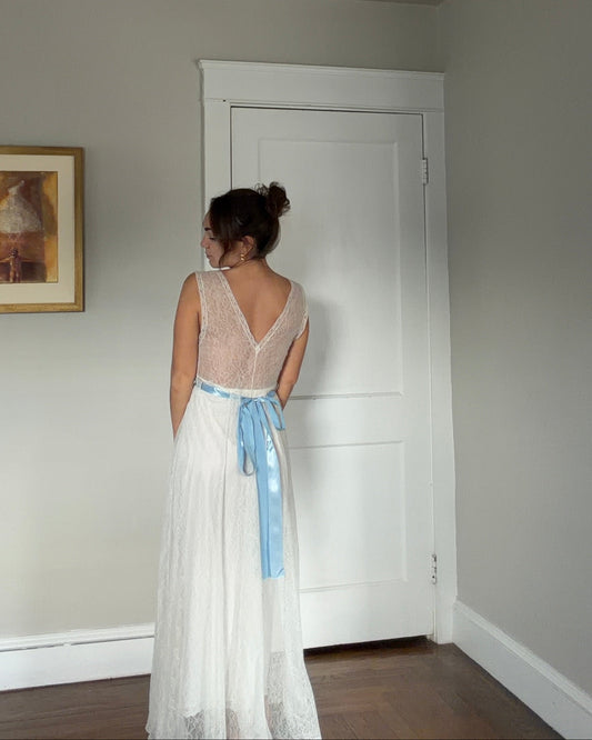 50s Ivory Lace Bridal Slip with Blue Sash
