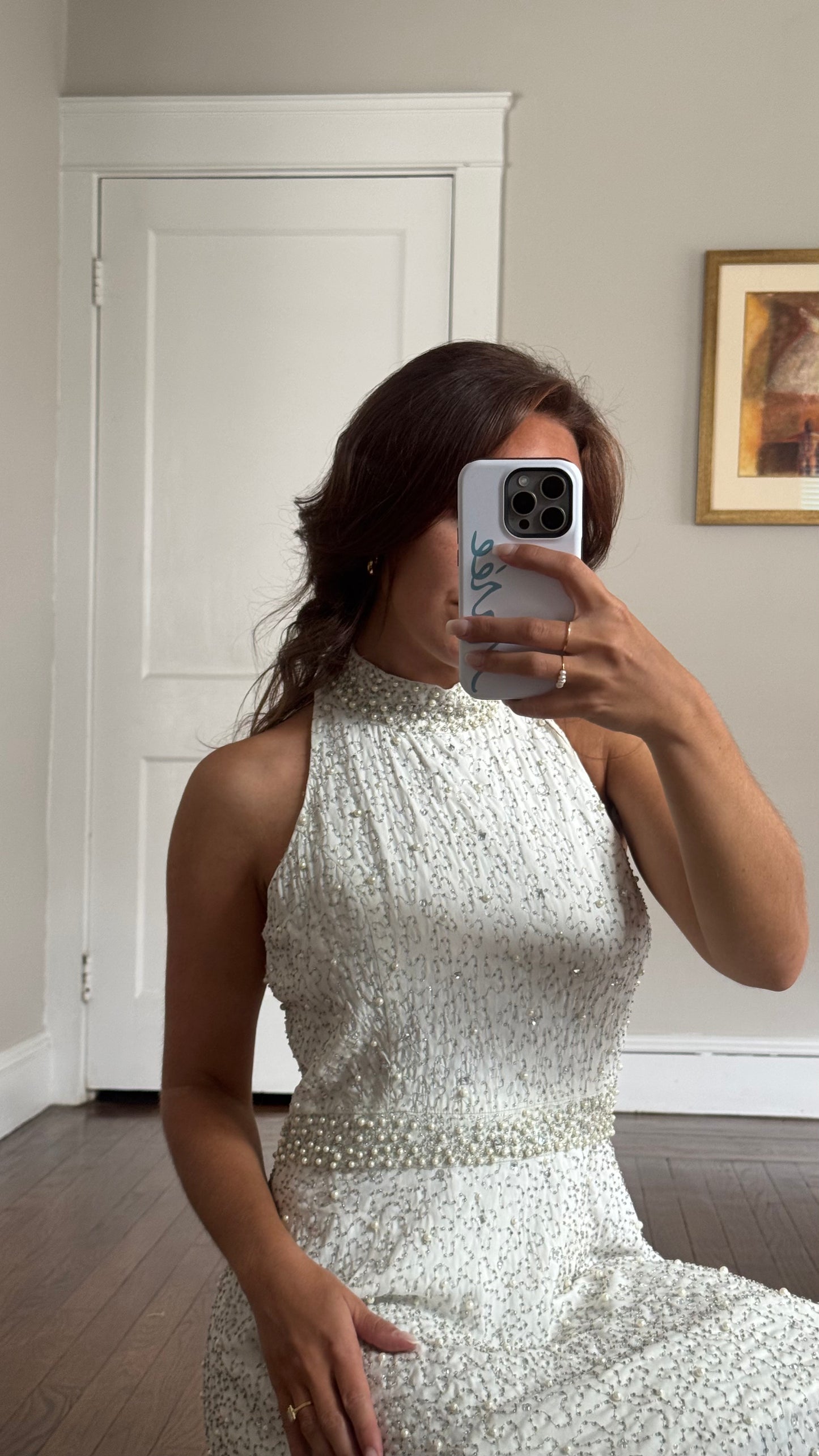 Vintage Venus Couture Beaded Halter Dress with Pearl & Crystal Detail