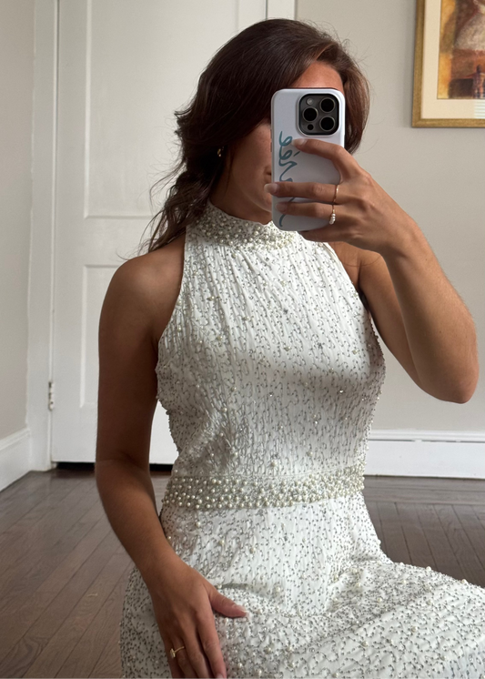 Vintage Venus Couture Beaded Halter Dress with Pearl & Crystal Detail