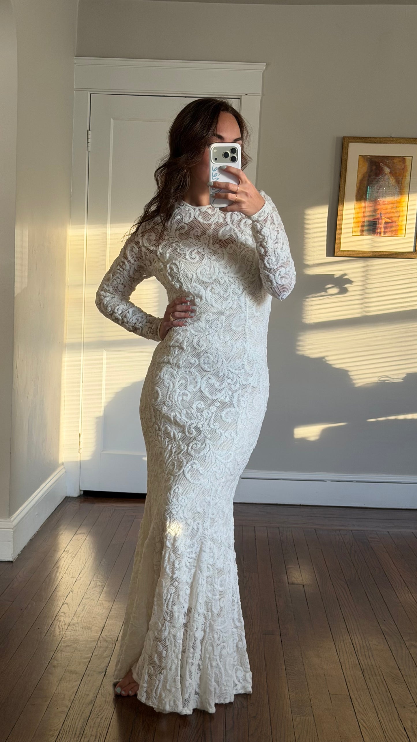 Vintage Ivory Stretch Lace Overlay Gown
