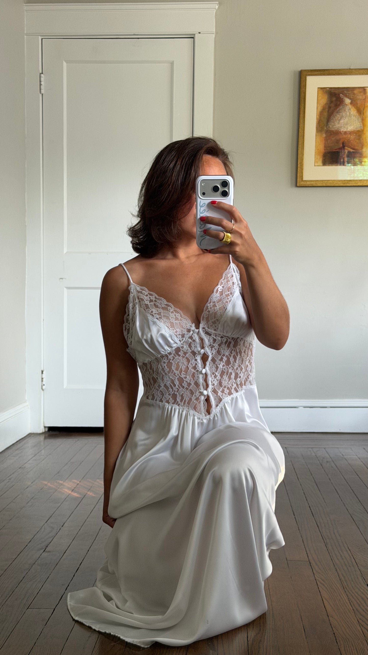 White Lace Detail Button Slip