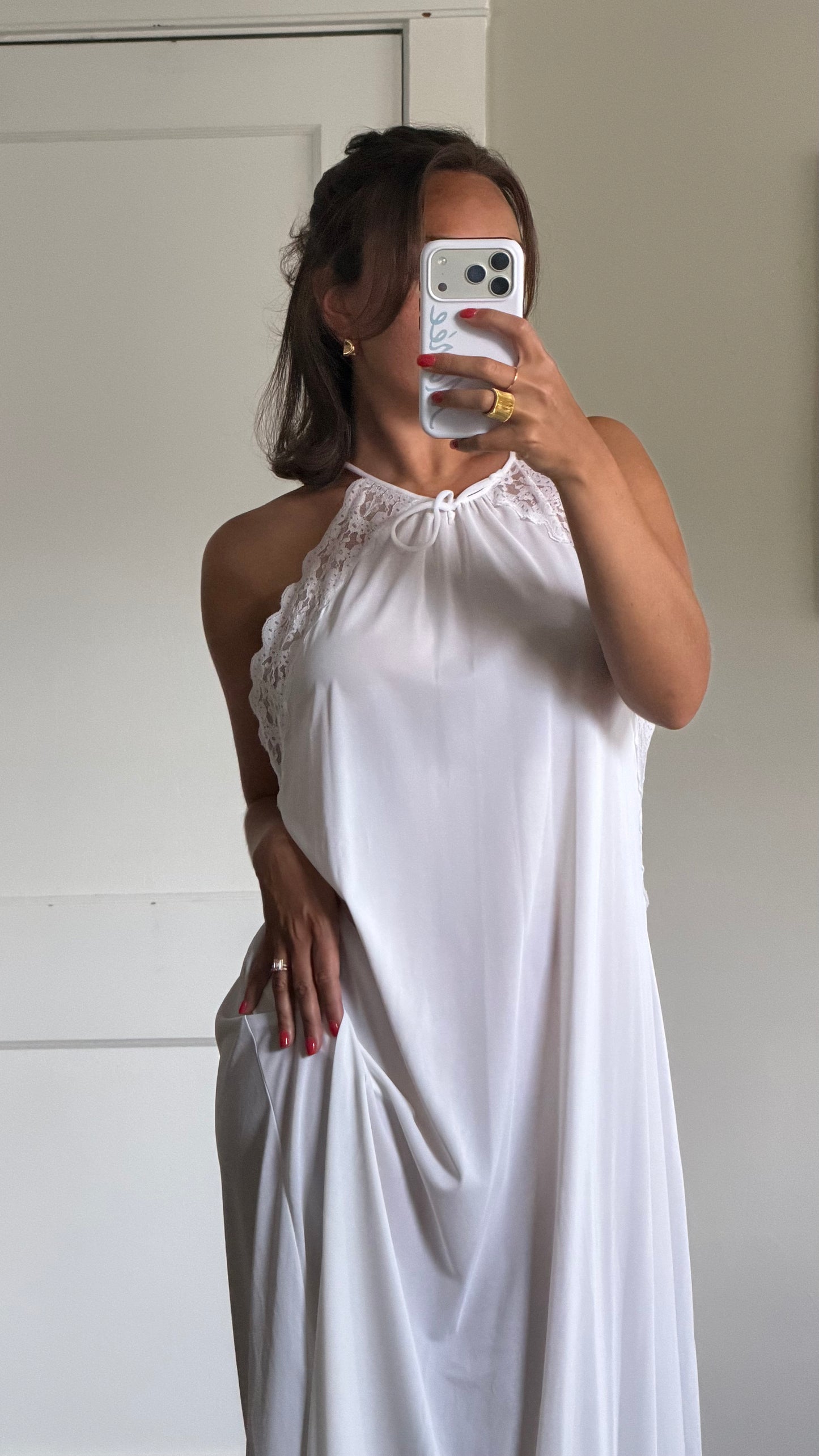 Lace-Detail White Halter Slip