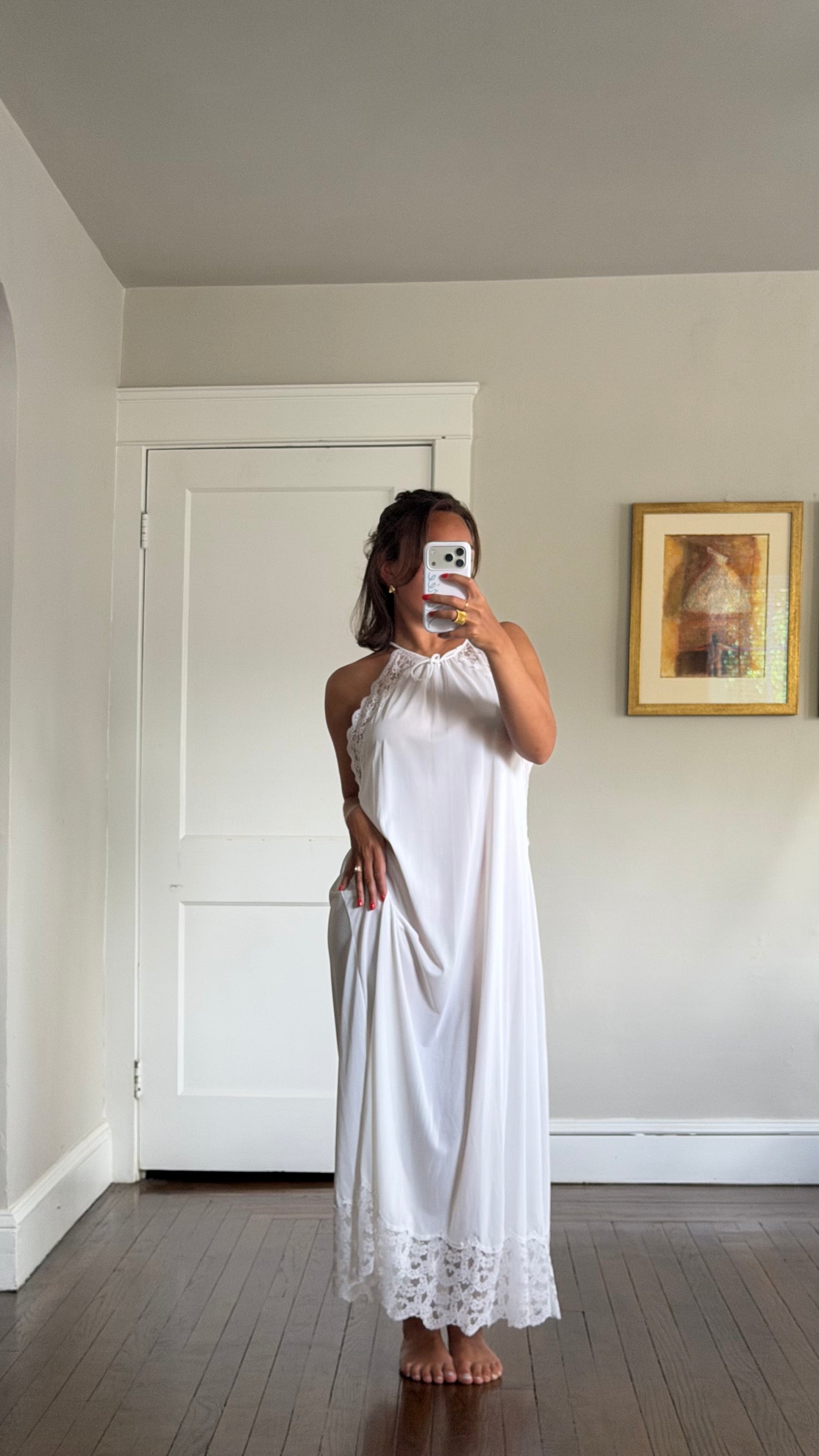 Lace-Detail White Halter Slip