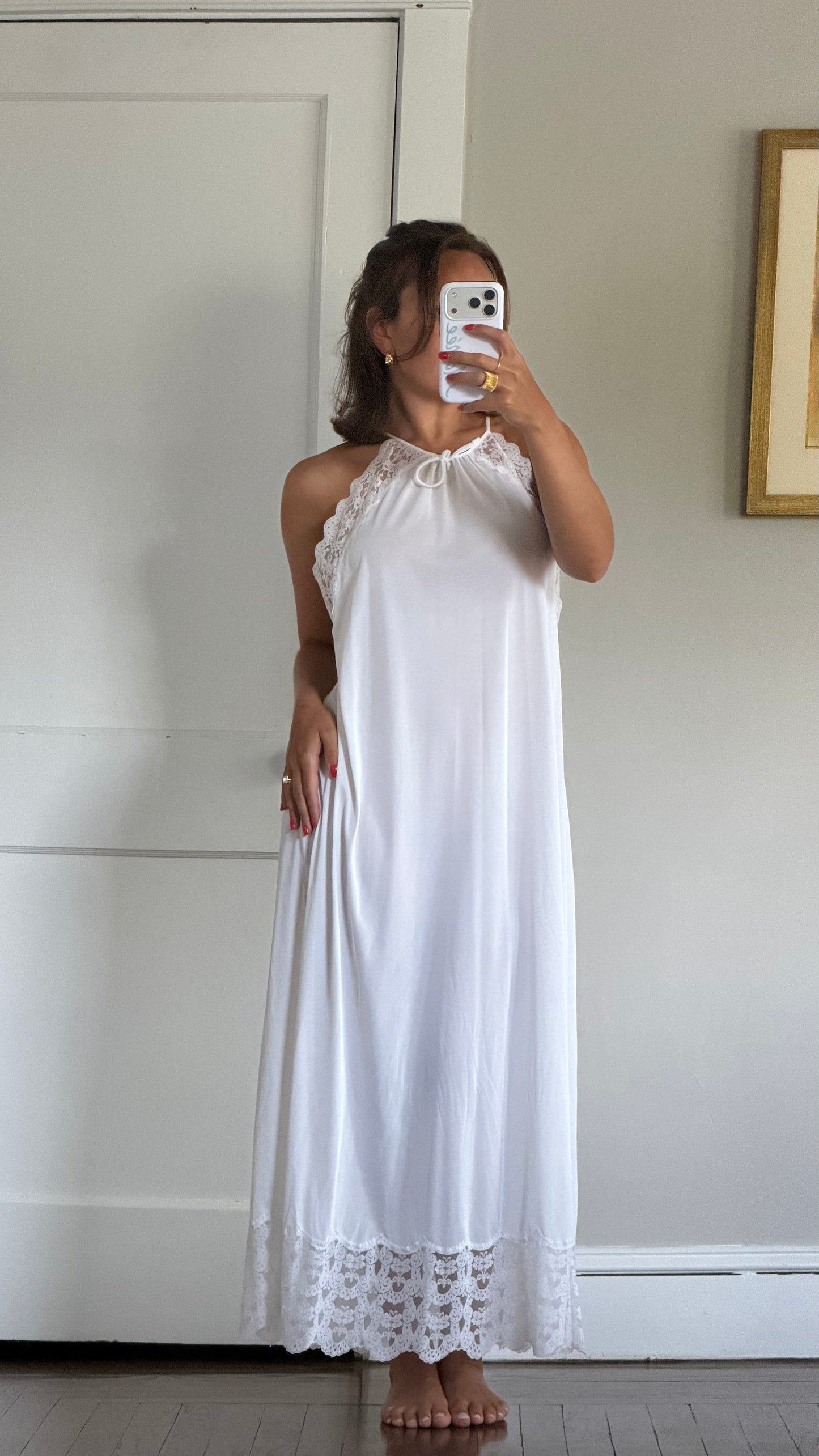 Lace-Detail White Halter Slip