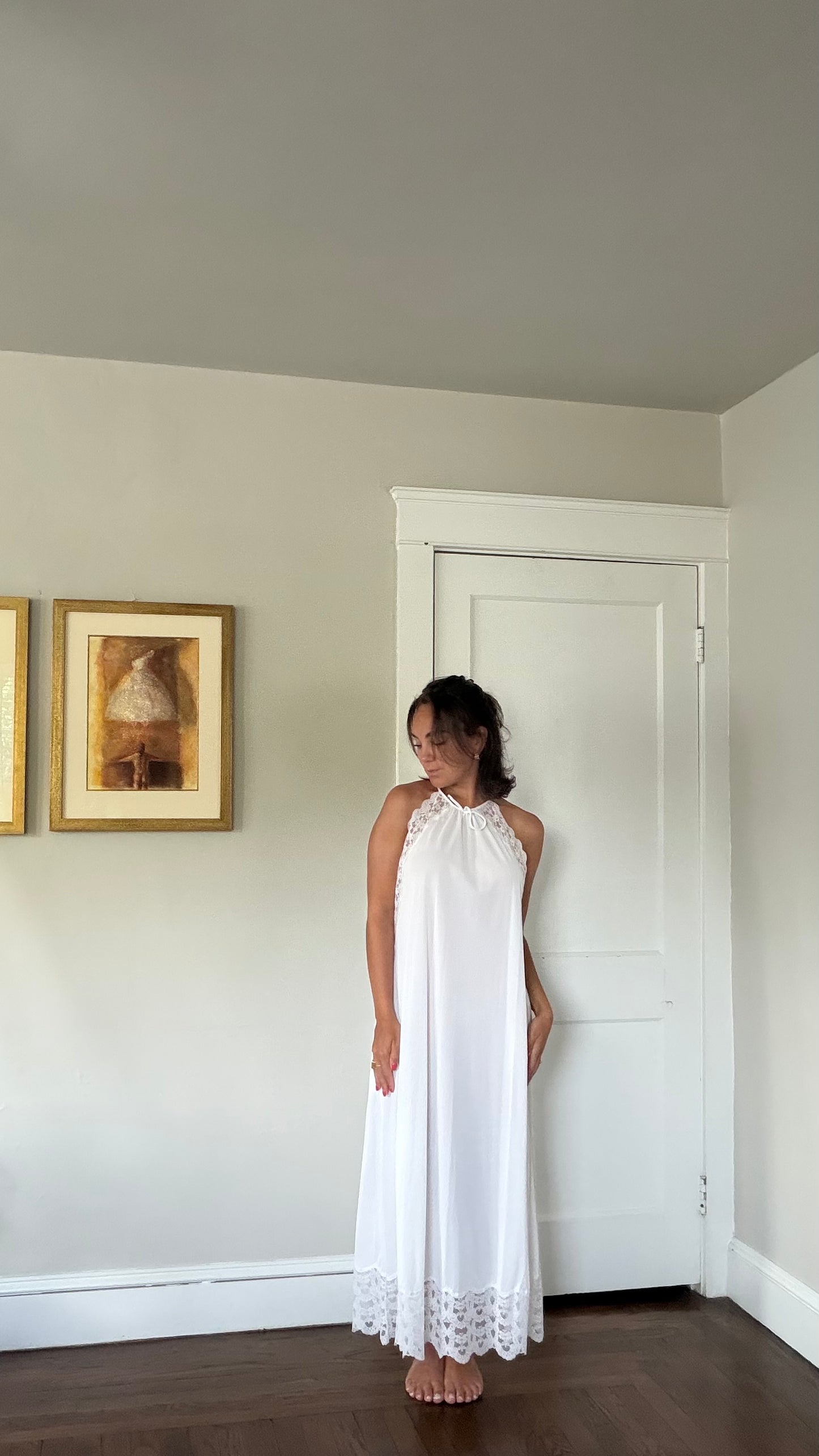 Lace-Detail White Halter Slip