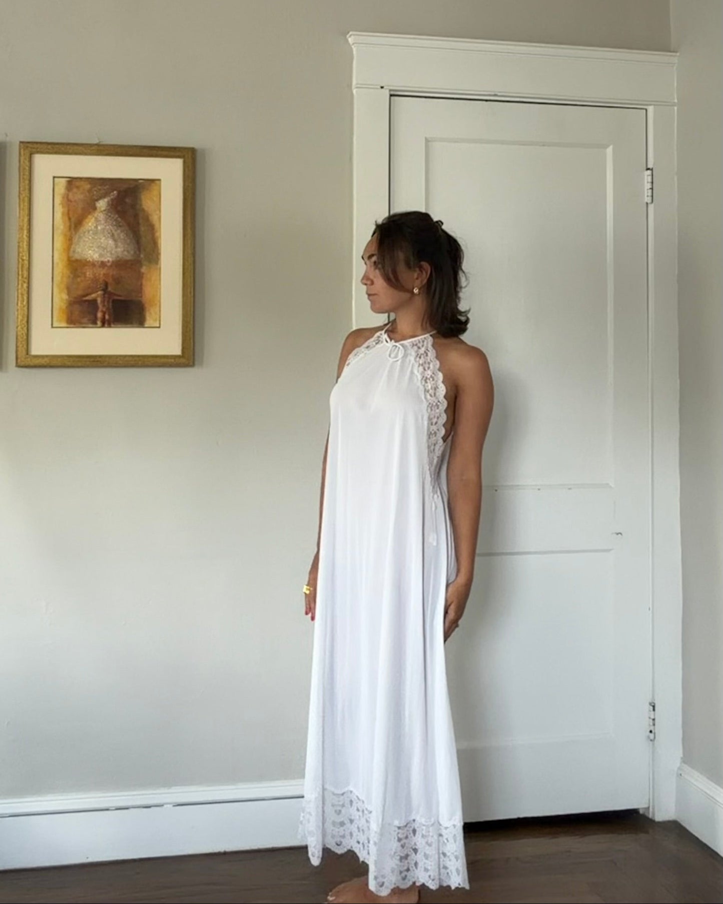 Lace-Detail White Halter Slip