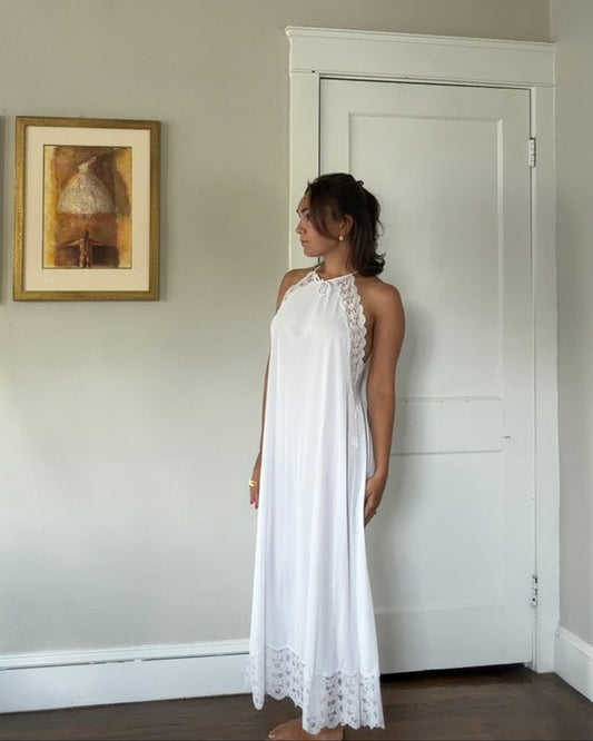 Lace-Detail White Halter Slip