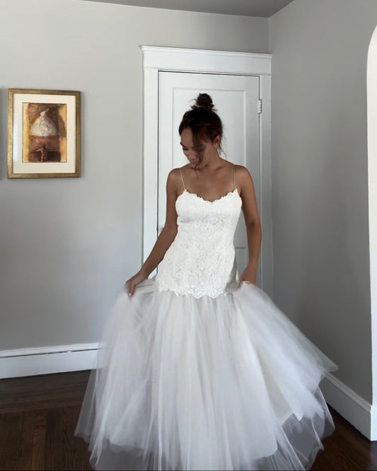 Priscilla of Boston Lace & Tulle Drop Waist Wedding Dress w/ Matching Bolero
