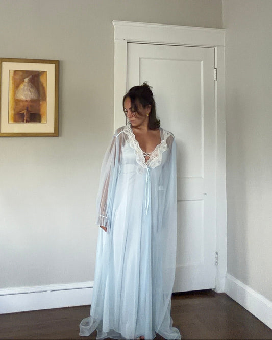 Bridal Blue Sheer-Back Slip and Robe Peignoir Set