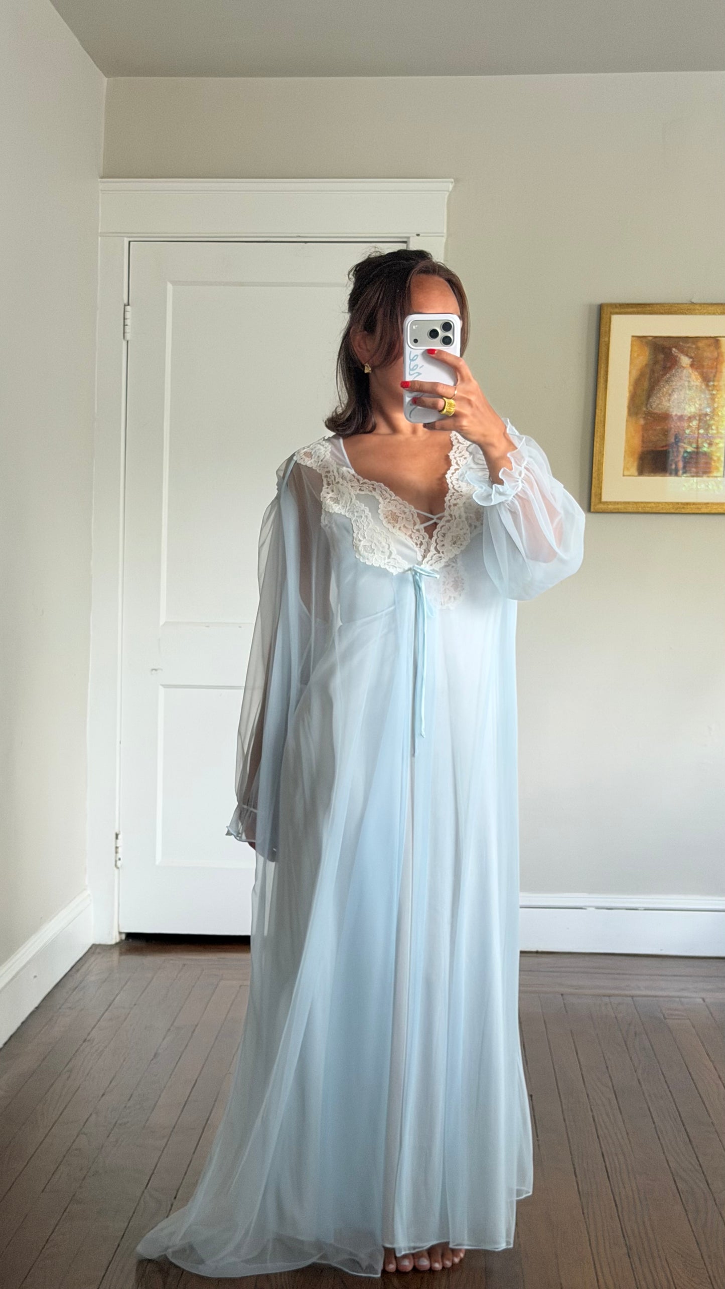 Bridal Blue Sheer-Back Slip and Robe Peignoir Set