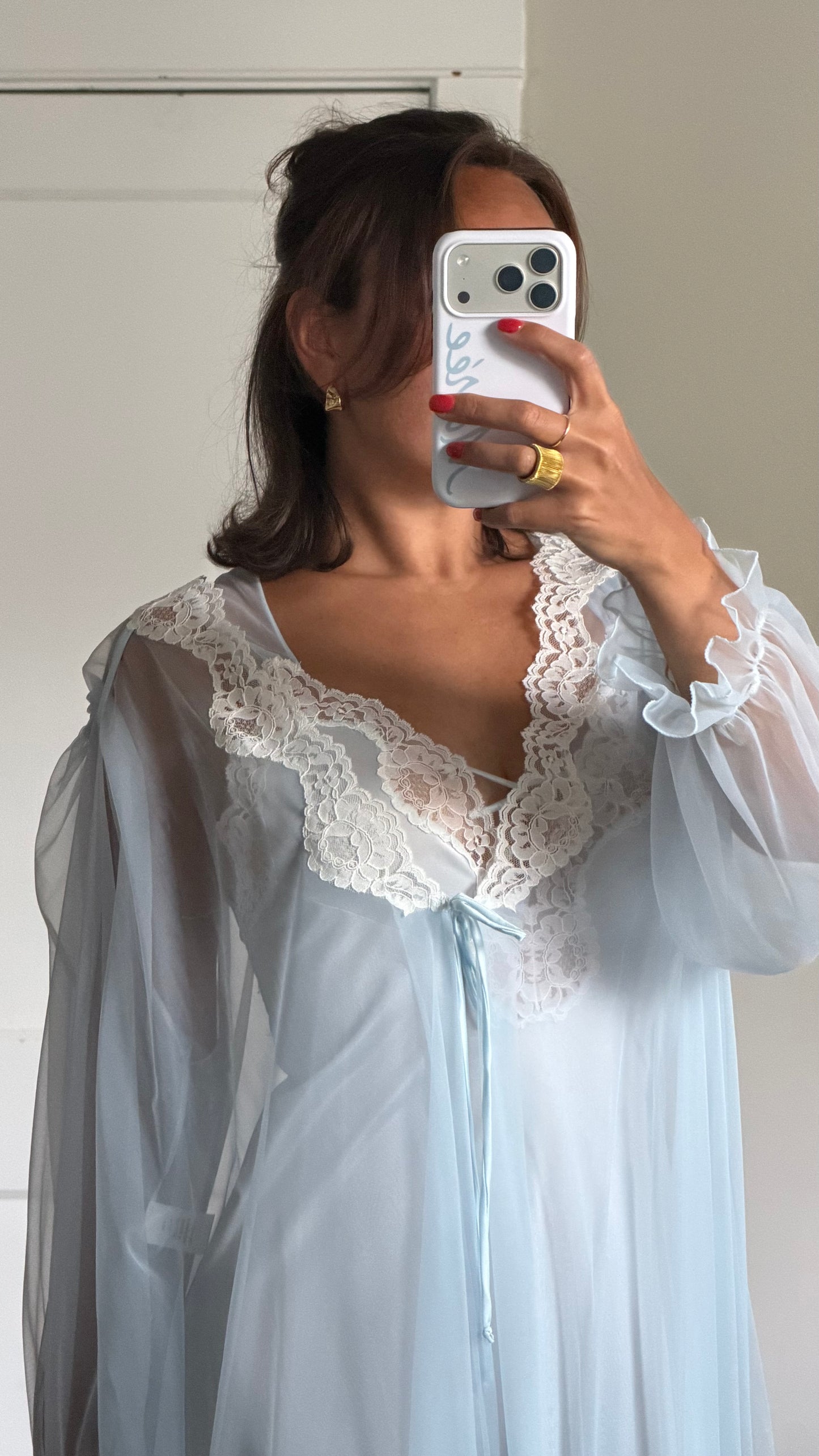 Bridal Blue Sheer-Back Slip and Robe Peignoir Set