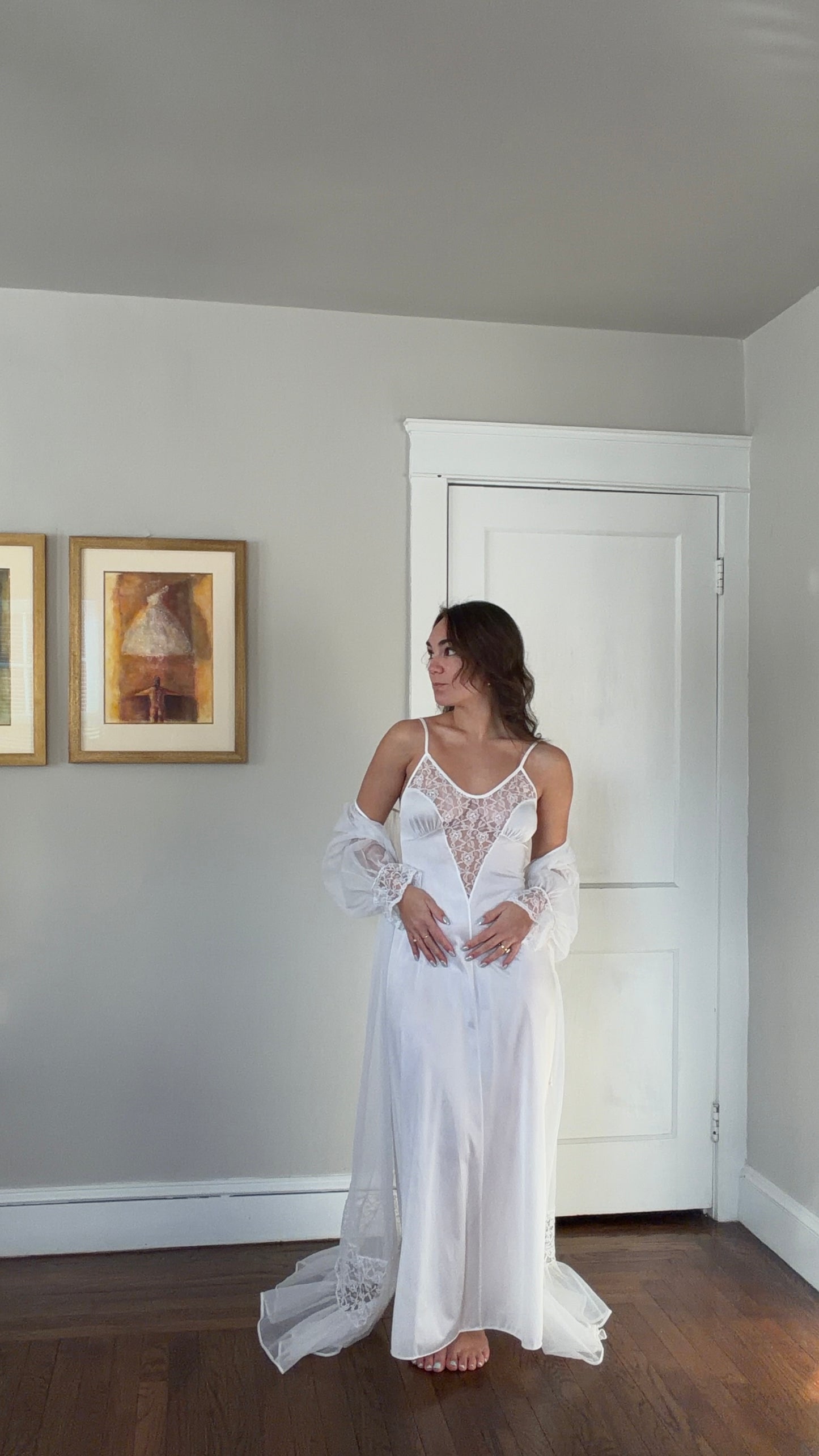 White Lace-Detail Peignoir Set