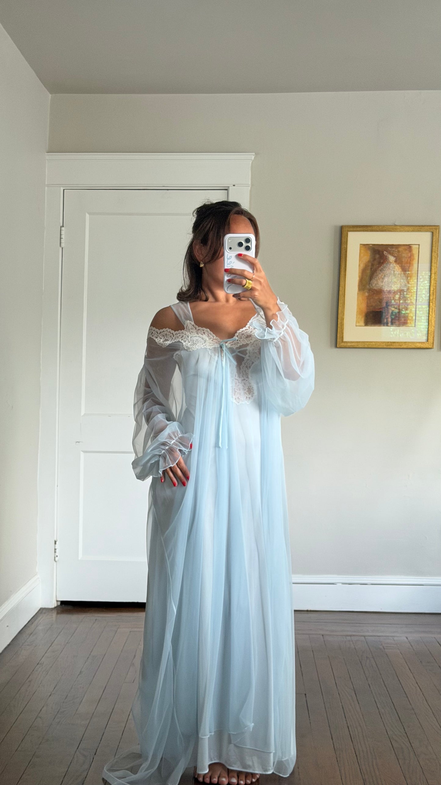 Bridal Blue Sheer-Back Slip and Robe Peignoir Set