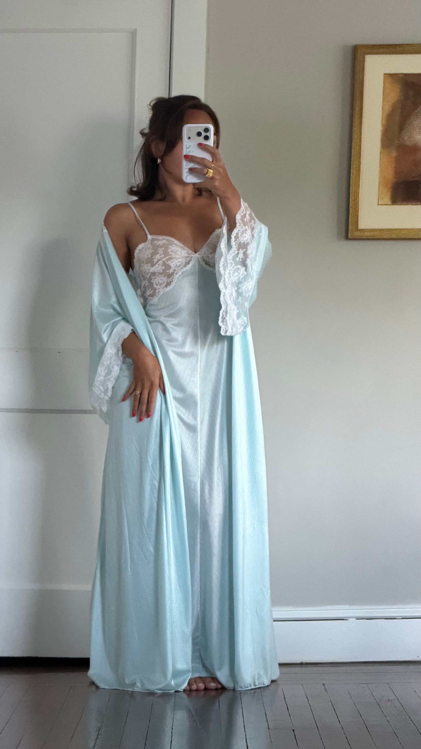 Blue & White Lace Peignoir Set