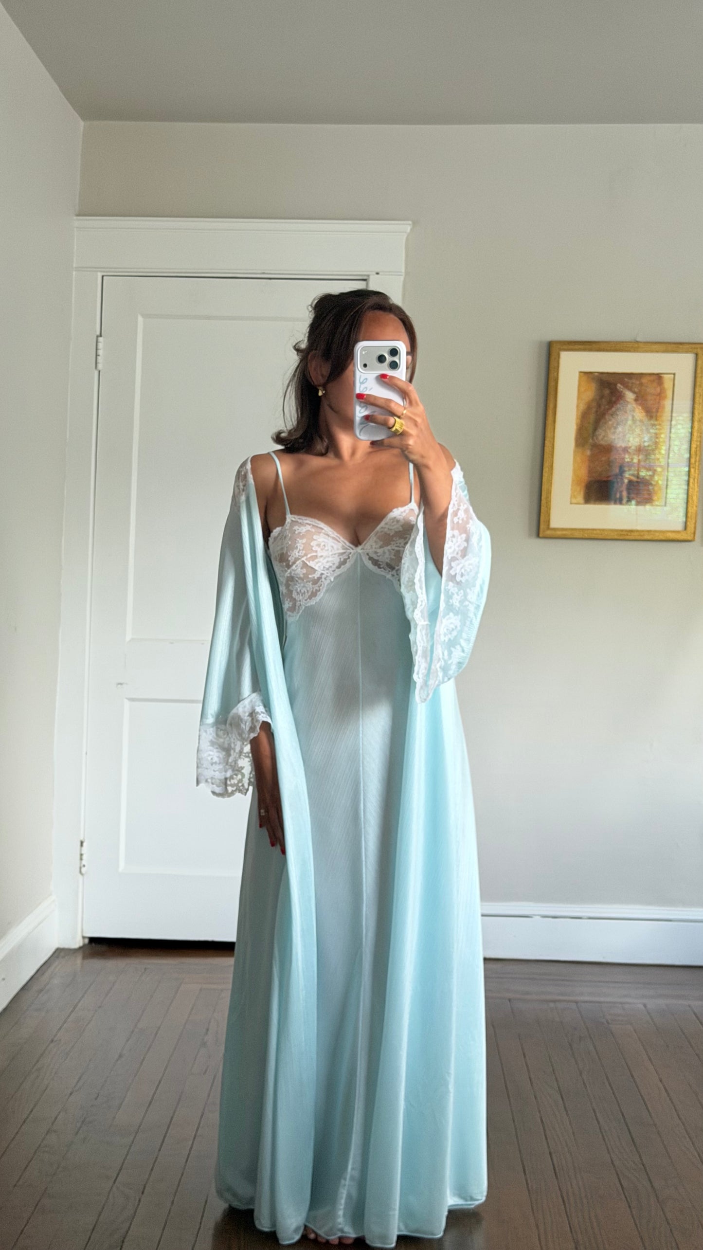 Blue & White Lace Peignoir Set