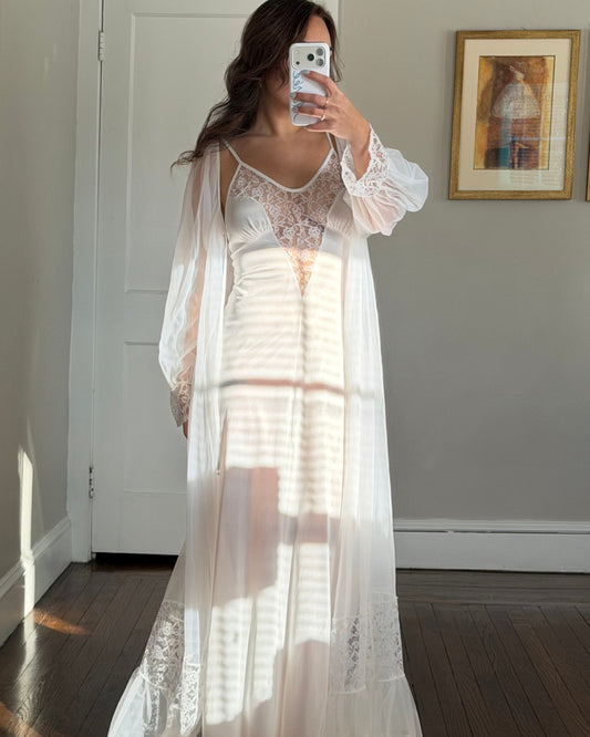 White Lace-Detail Peignoir Set