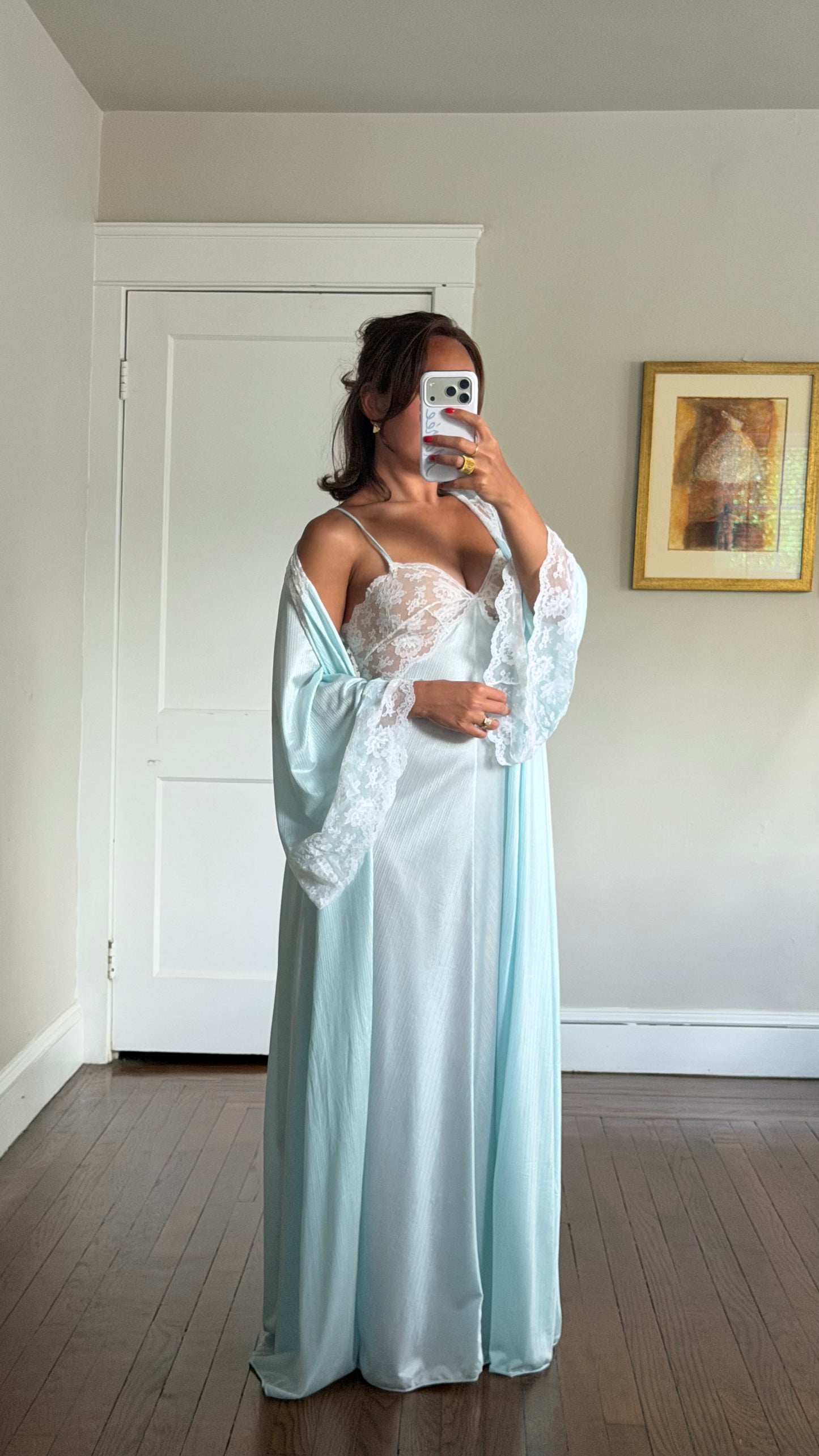 Blue & White Lace Peignoir Set