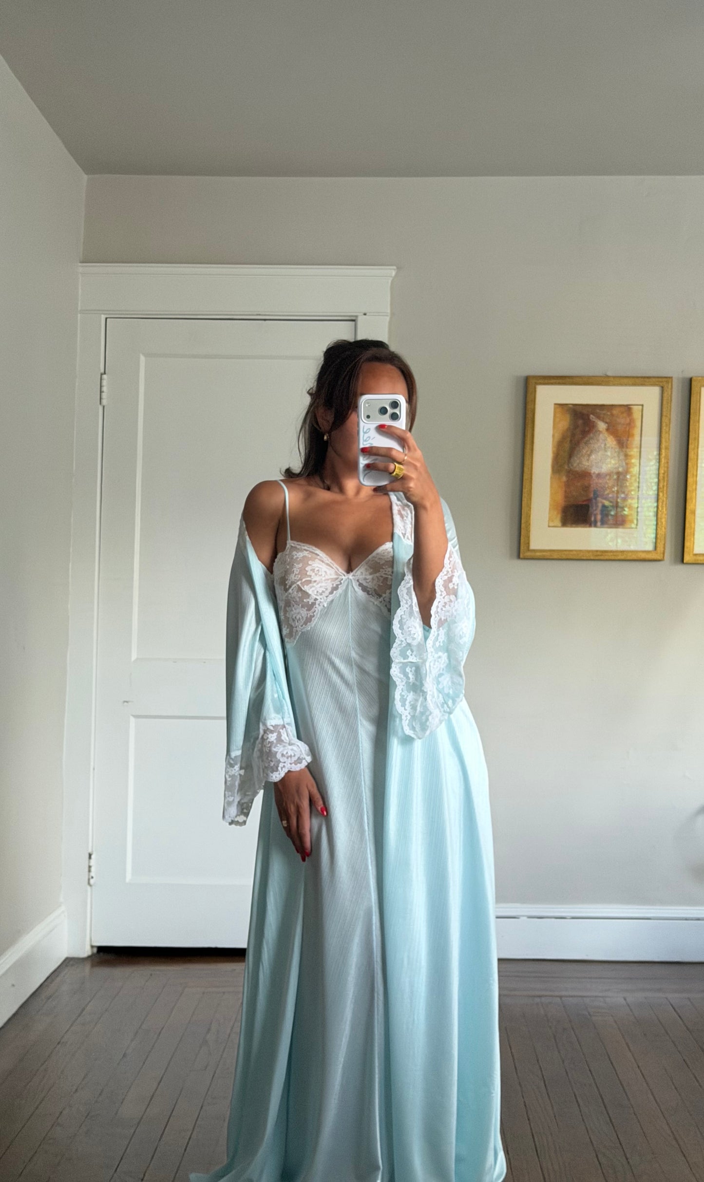 Blue & White Lace Peignoir Set