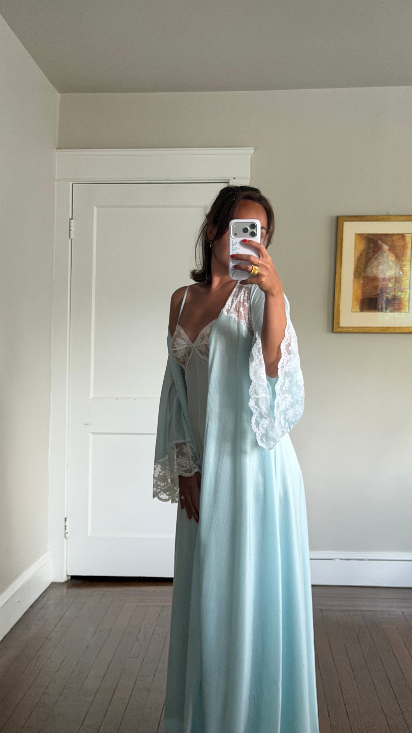 Blue & White Lace Peignoir Set