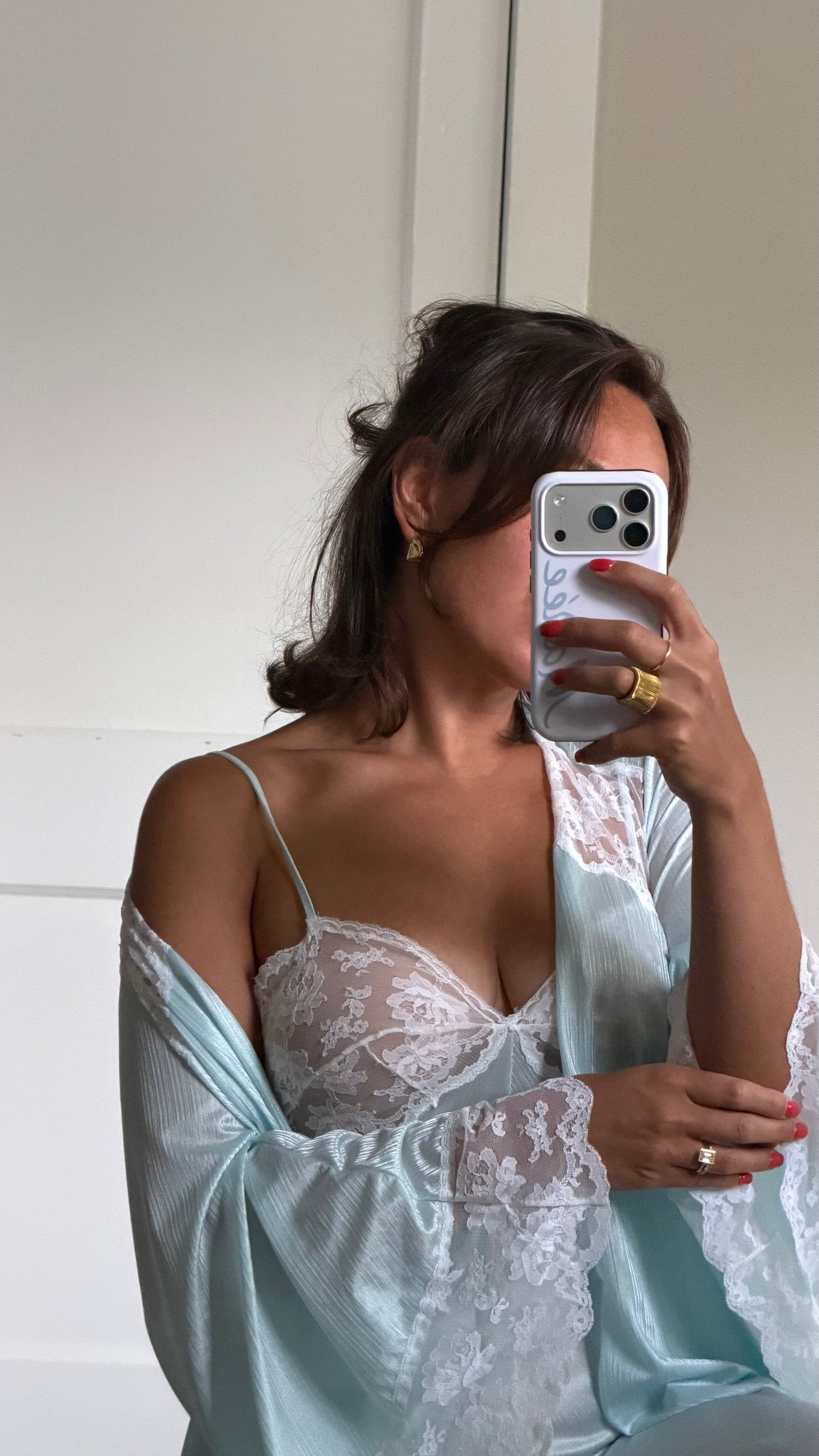 Blue & White Lace Peignoir Set