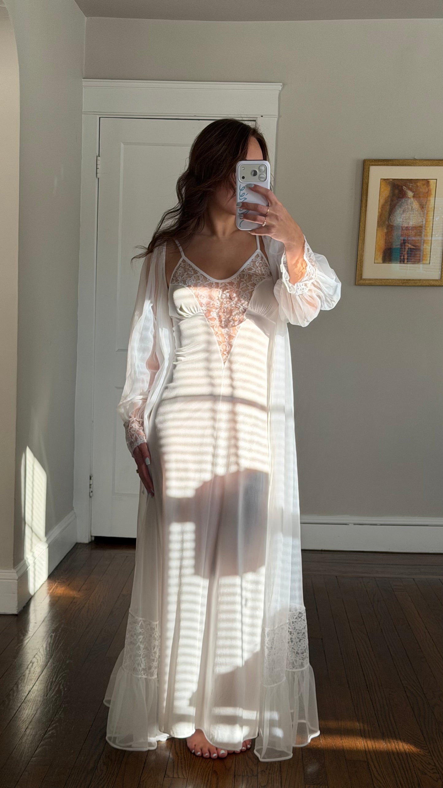 White Lace-Detail Peignoir Set