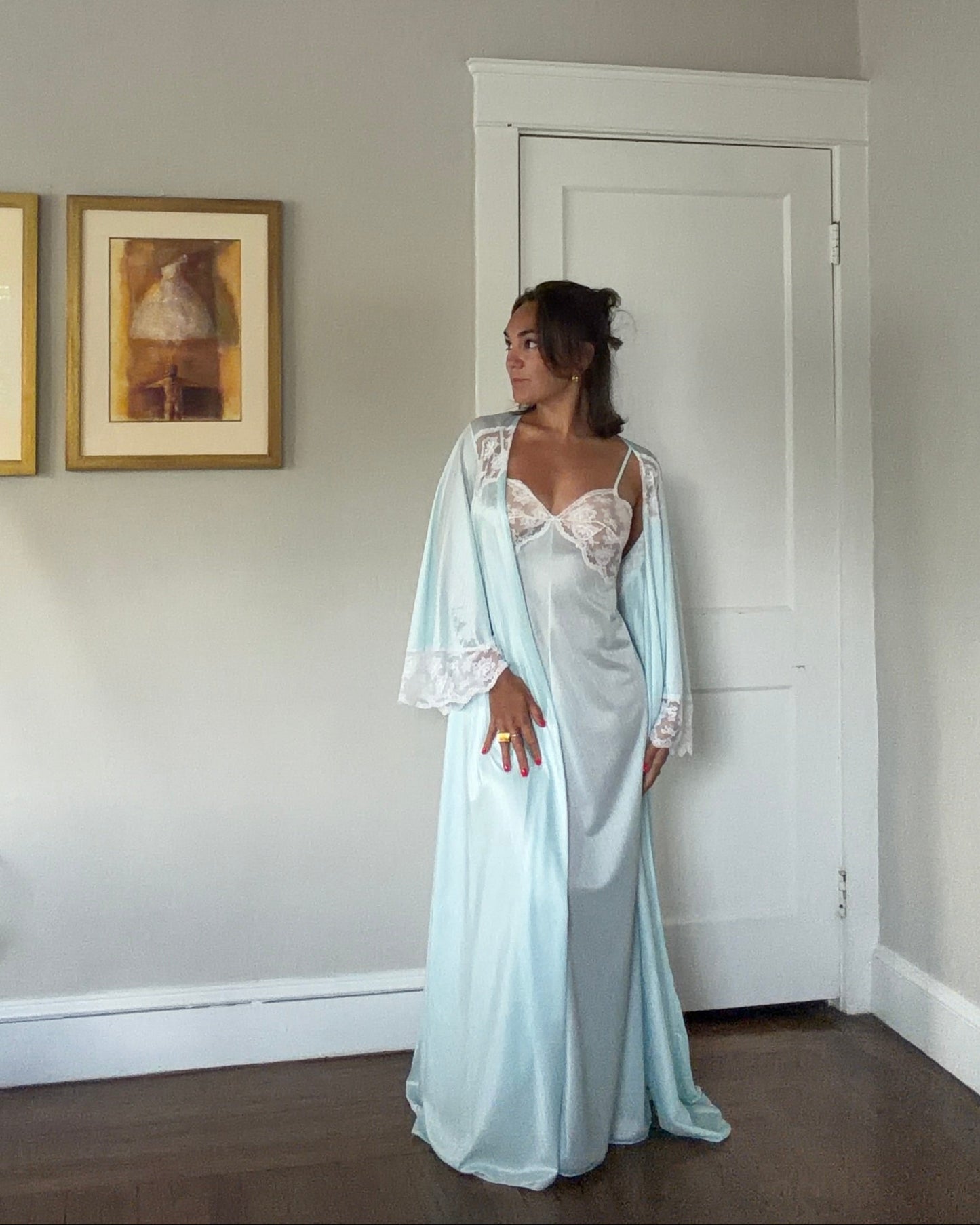 Blue & White Lace Peignoir Set