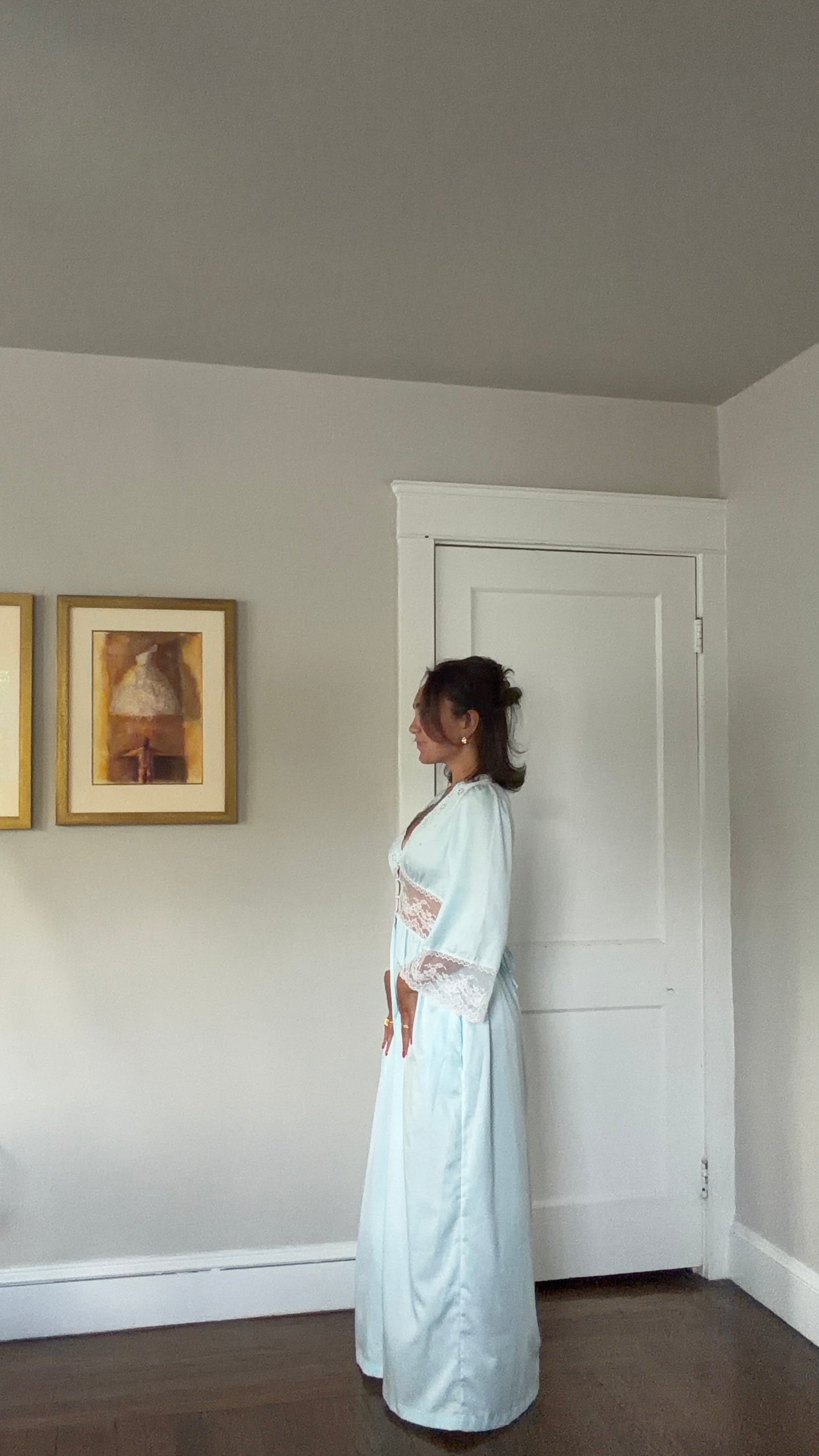Blue and White Lace Detail Peignoir Robe