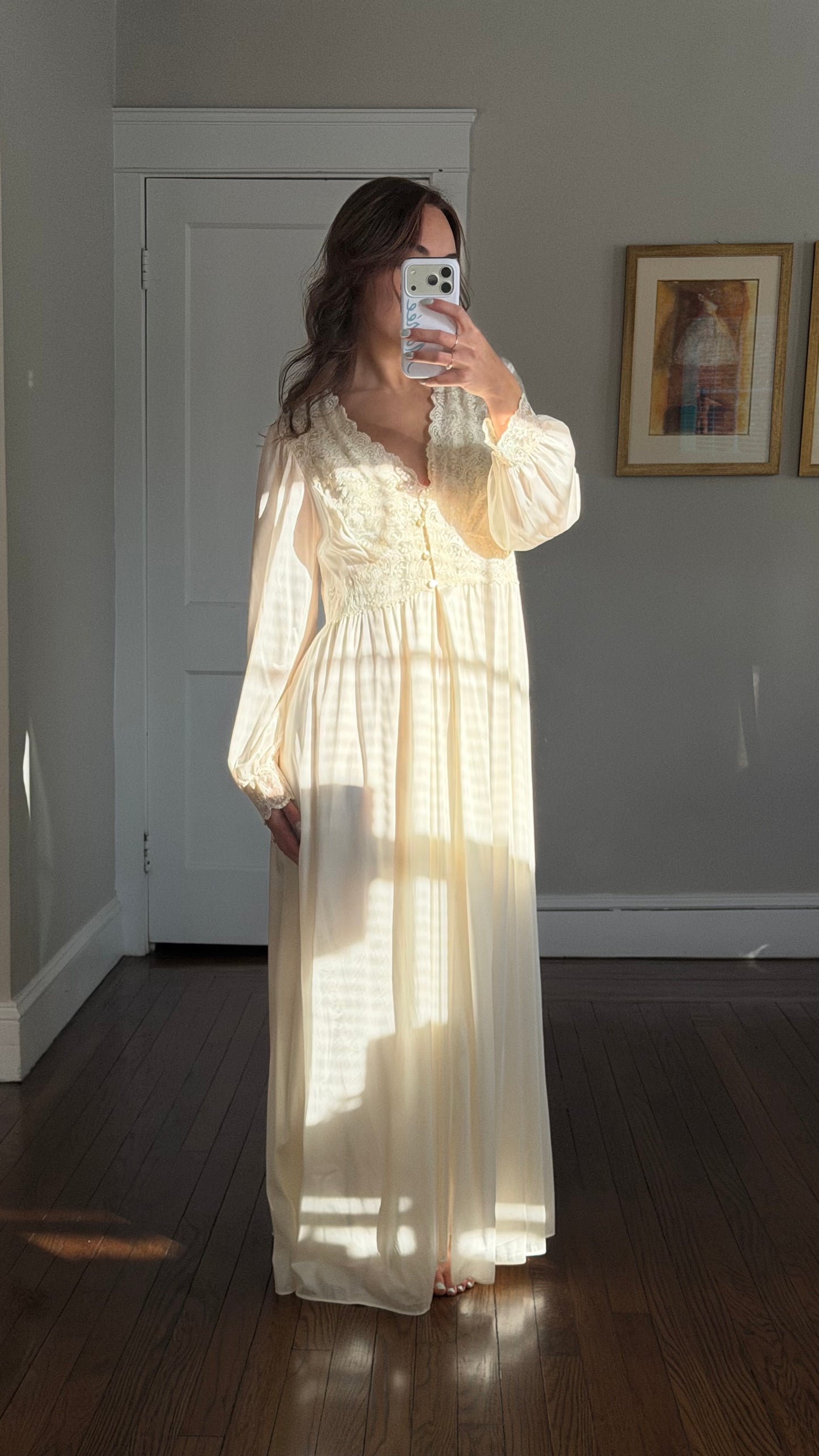 Long Sleeve Lace-Detail Ivory Peignoir Set