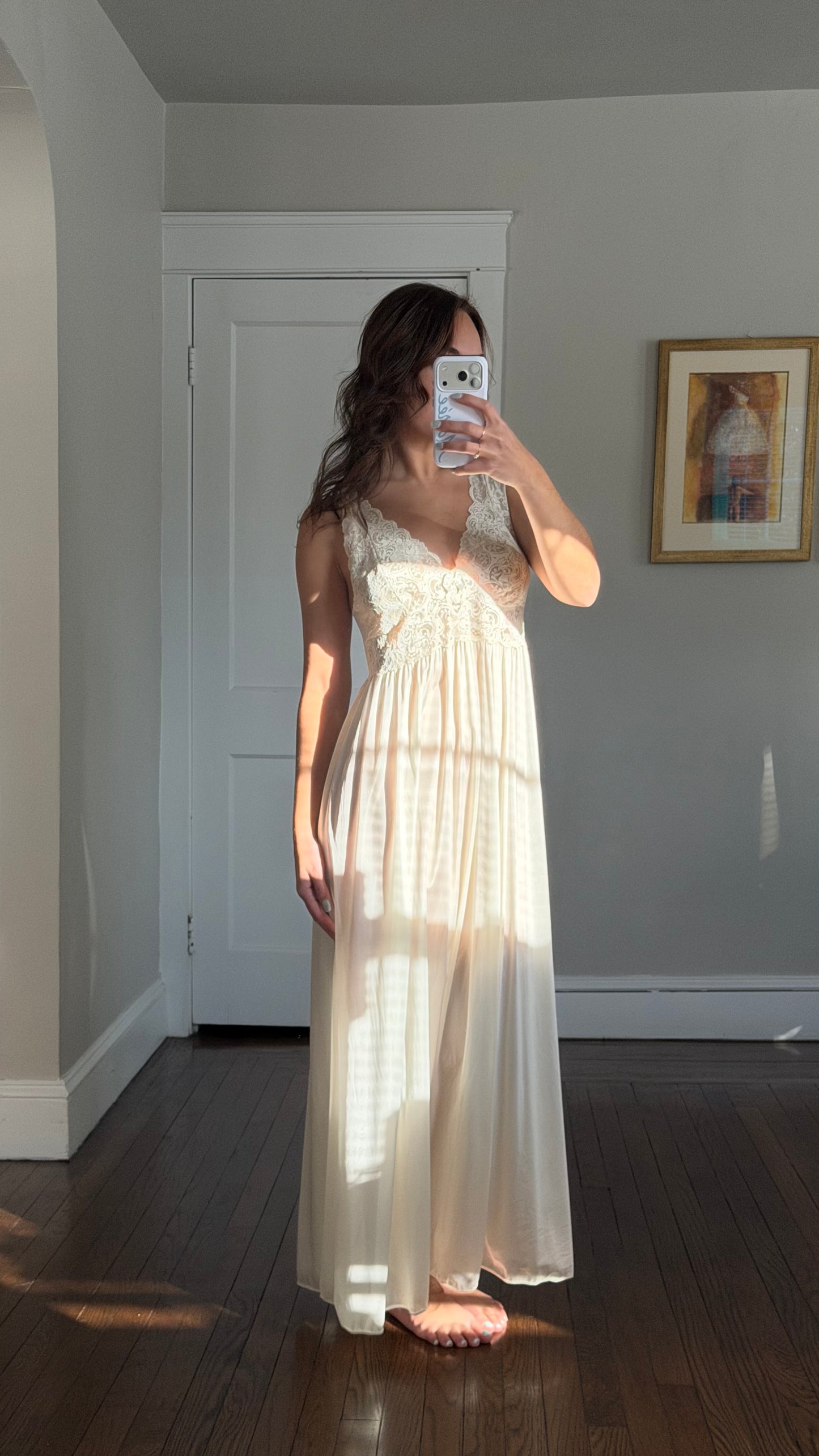 Long Sleeve Lace-Detail Ivory Peignoir Set