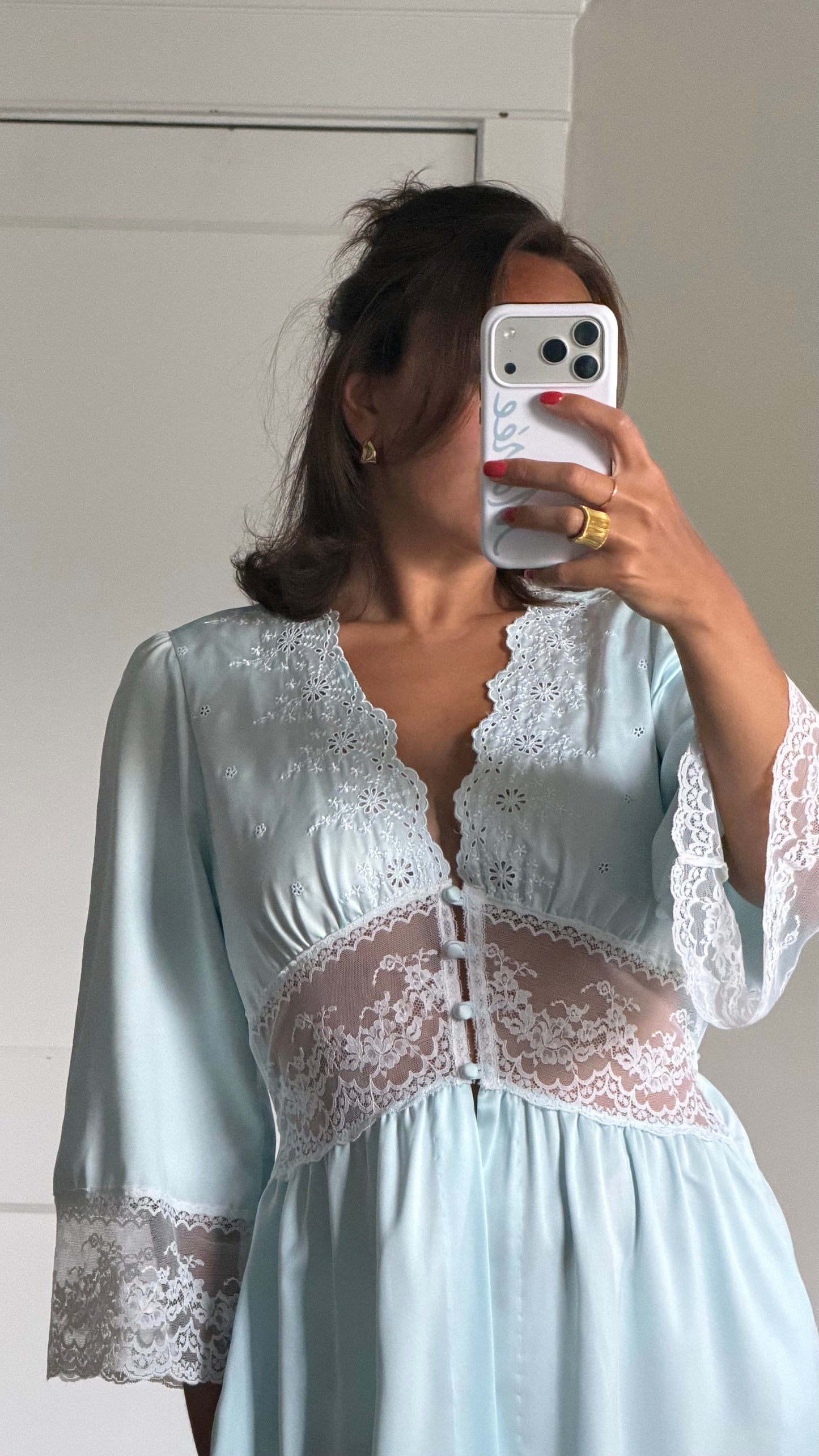 Blue and White Lace Detail Peignoir Robe