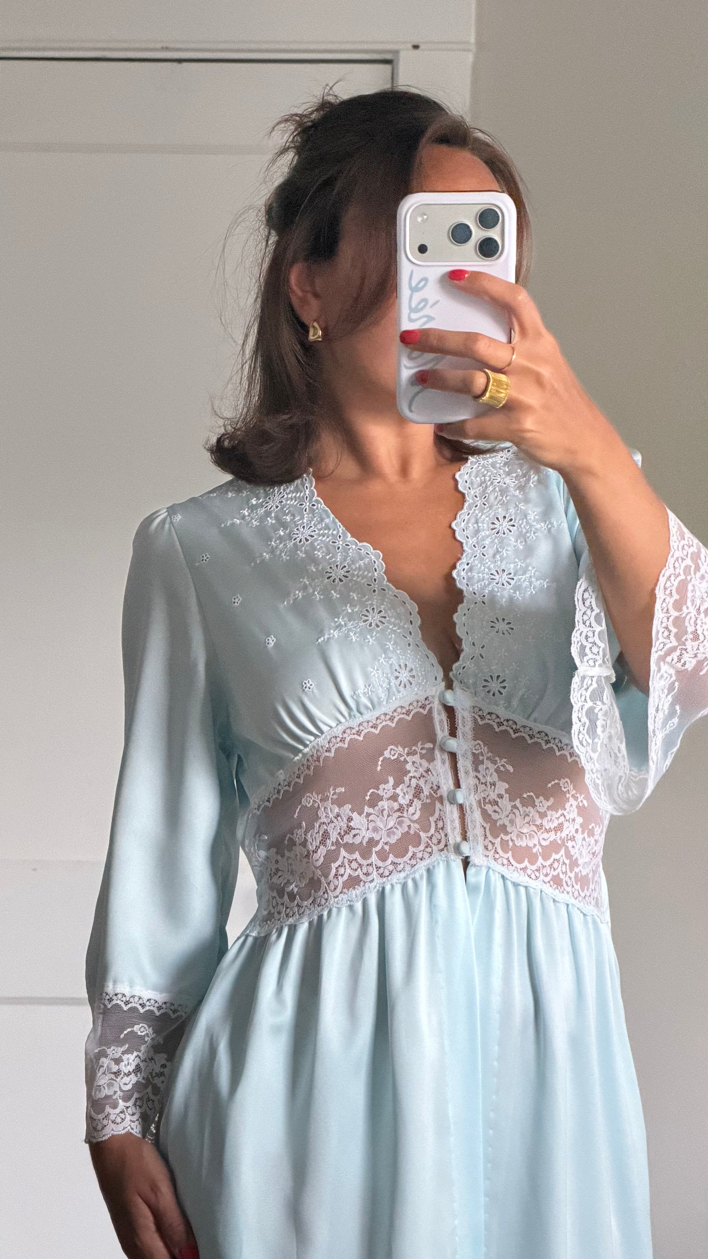Blue and White Lace Detail Peignoir Robe