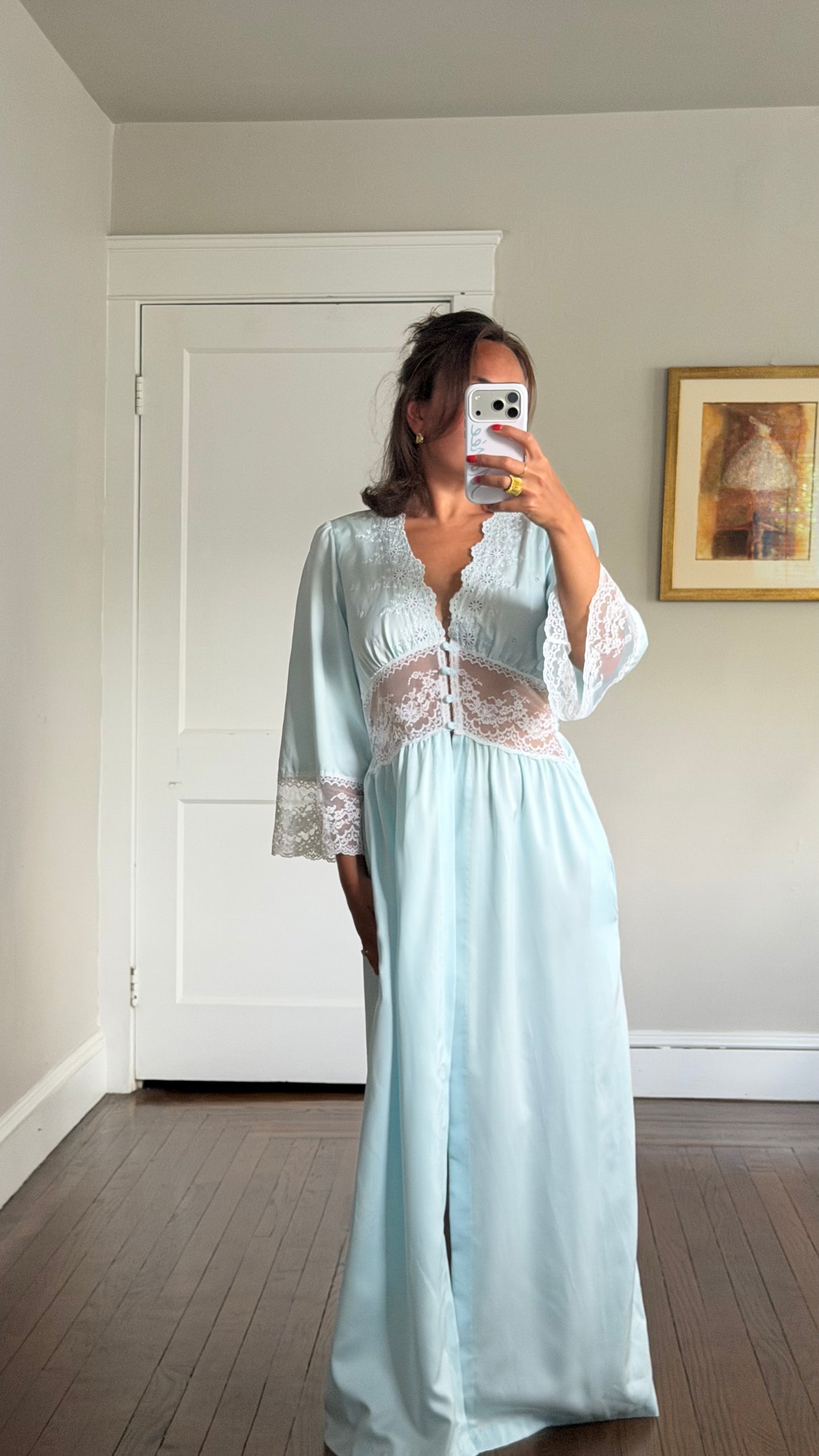 Blue and White Lace Detail Peignoir Robe