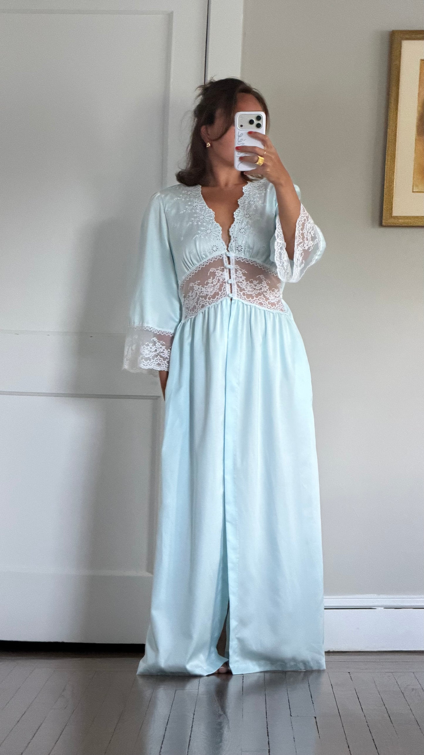 Blue and White Lace Detail Peignoir Robe