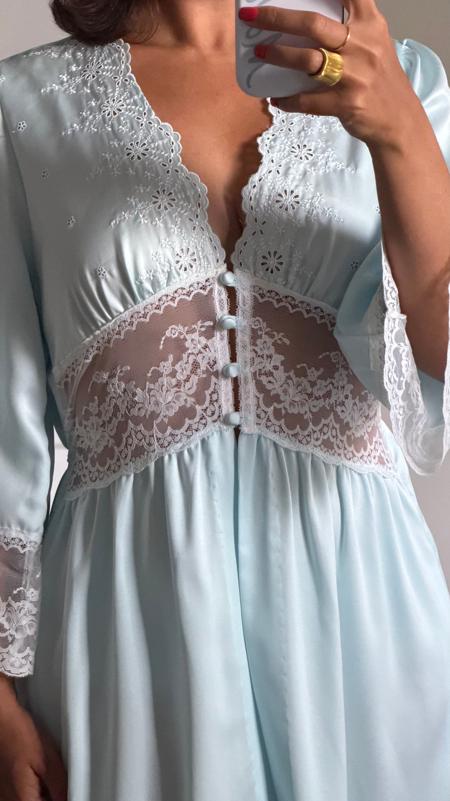 Blue and White Lace Detail Peignoir Robe
