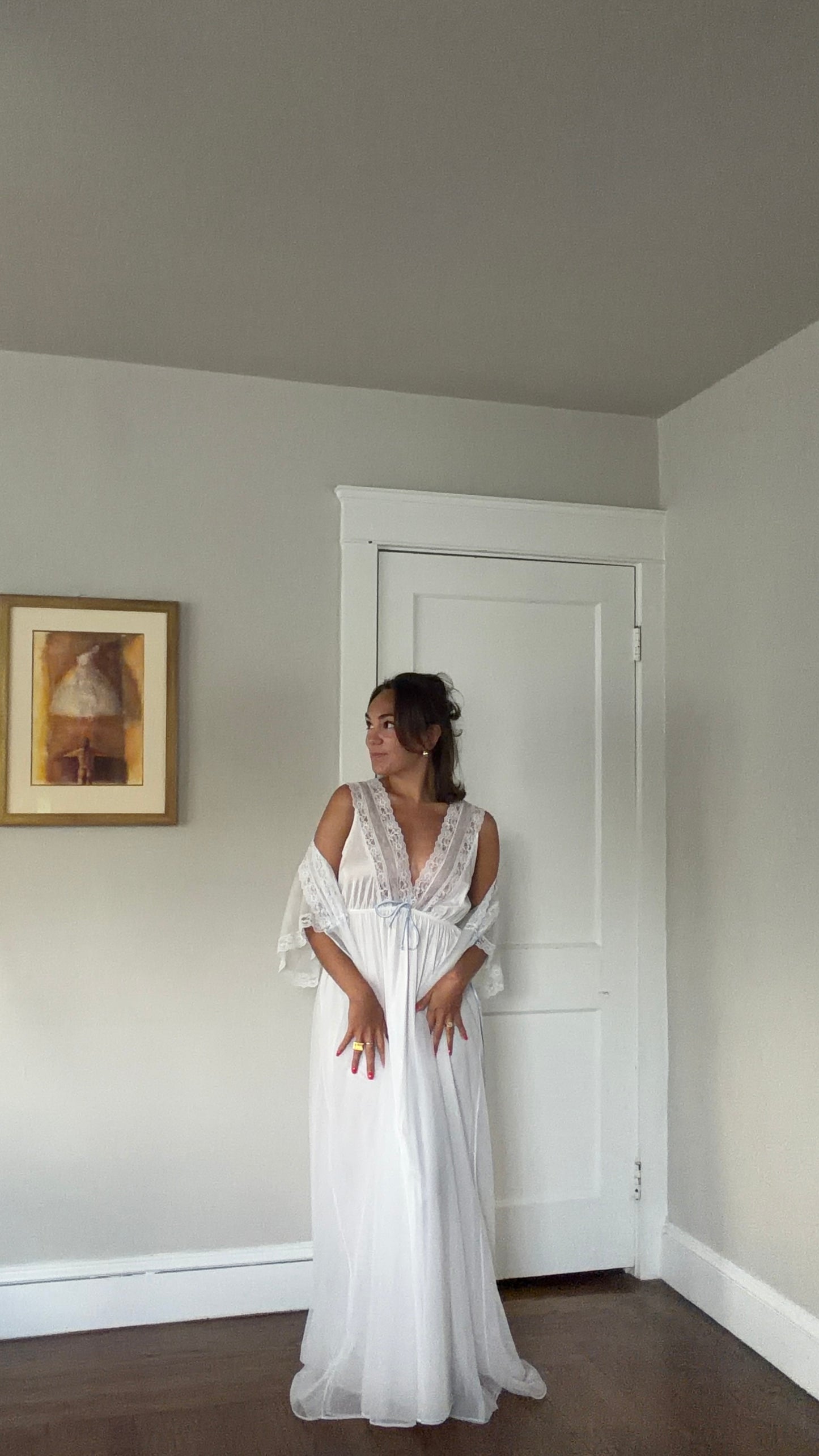 White Peignoir Set with Blue Details