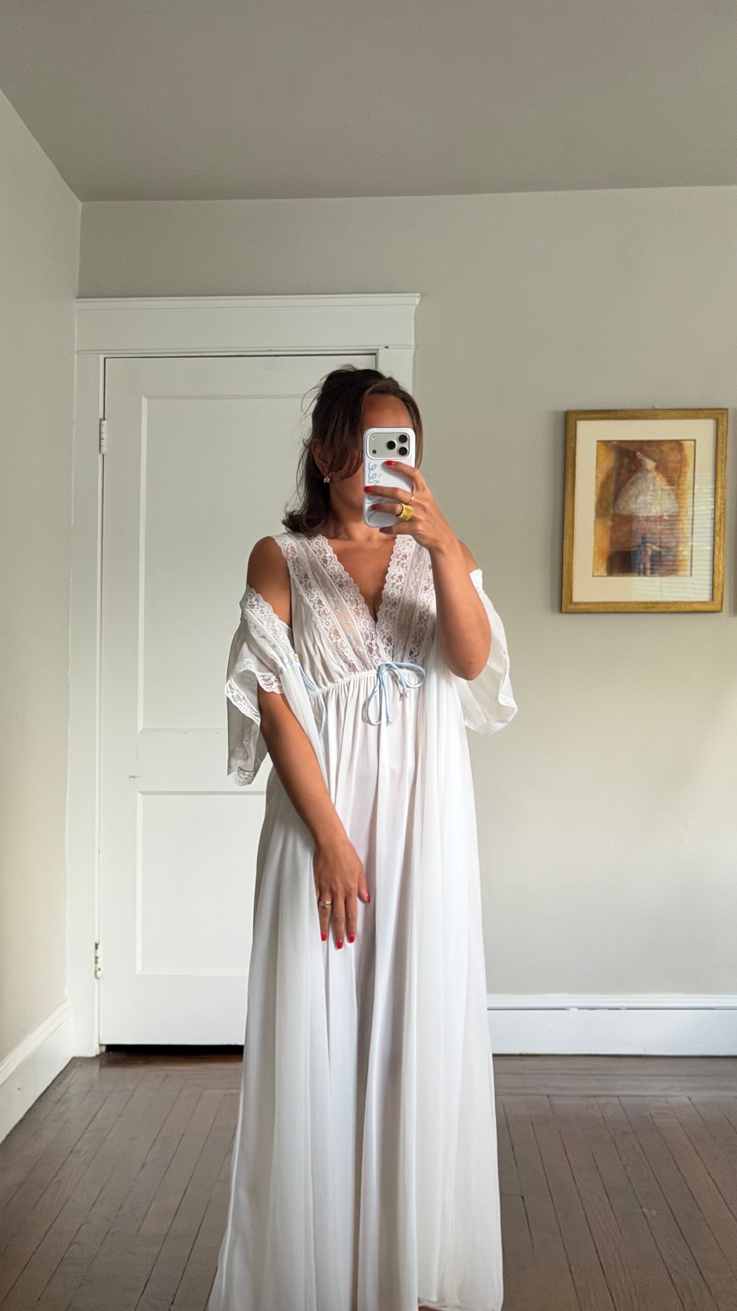 White Peignoir Set with Blue Details