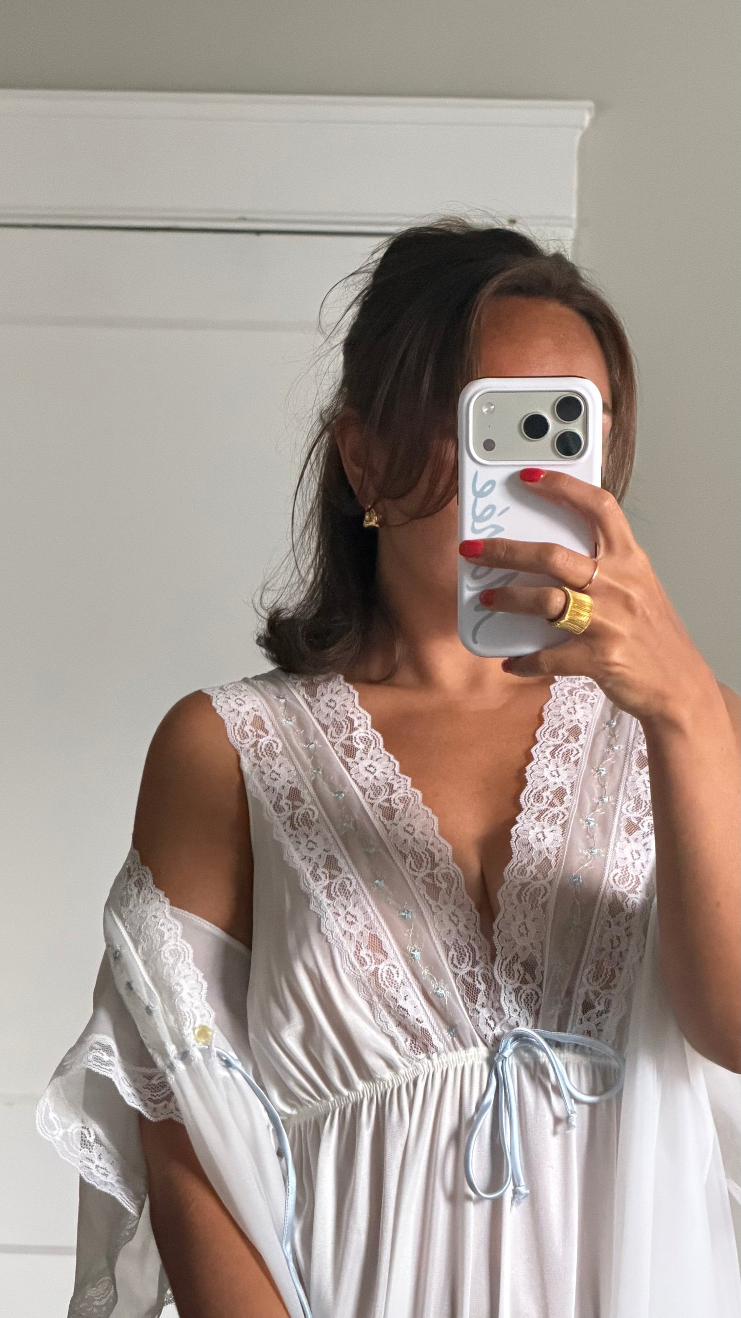 White Peignoir Set with Blue Details
